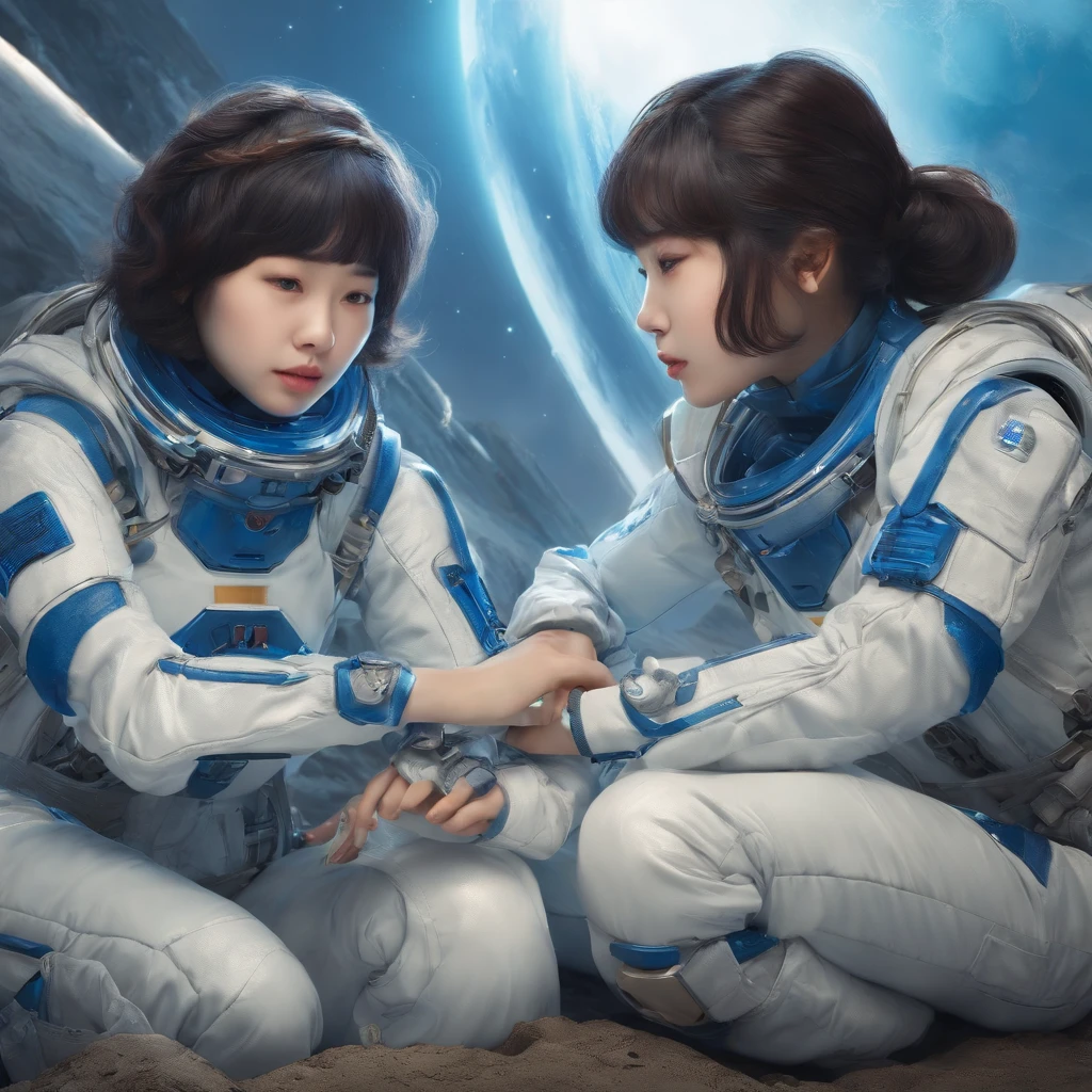 future world. Three Korean 15-year-old short-haired girls, wearing blue and white space combat suits, were resting and eating on the battlefield. comic style.