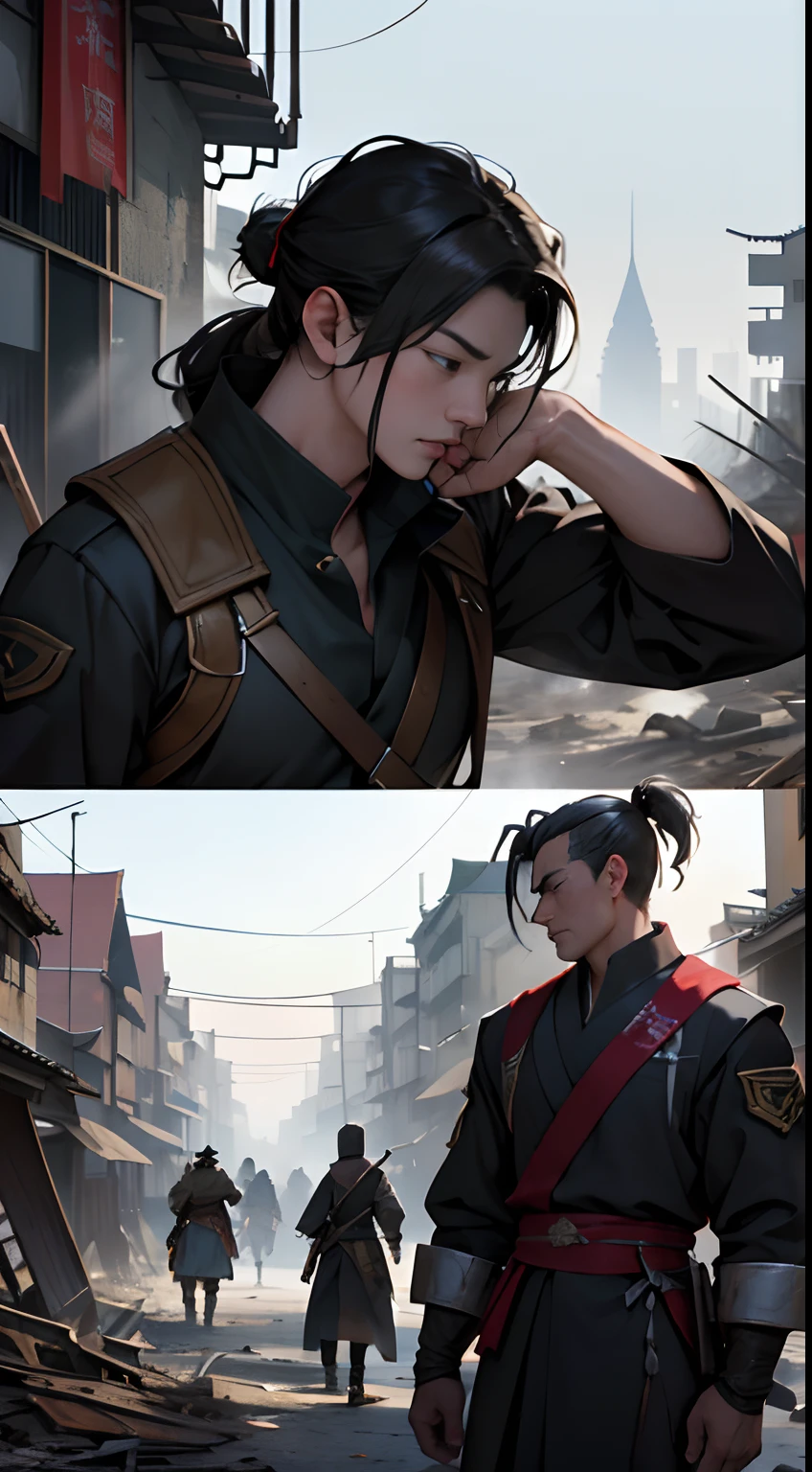 Yuan Jie and others realize the unfavorable situation, proposing to end the battle and retreat in the face of powerful enemies, leurs expressions solennelles, Eyes revealing helplessness and disappointment, A war-torn battlefield with broken buildings and debris in the background, , 32K, Best quality, Masterpiece, super detail, High Details