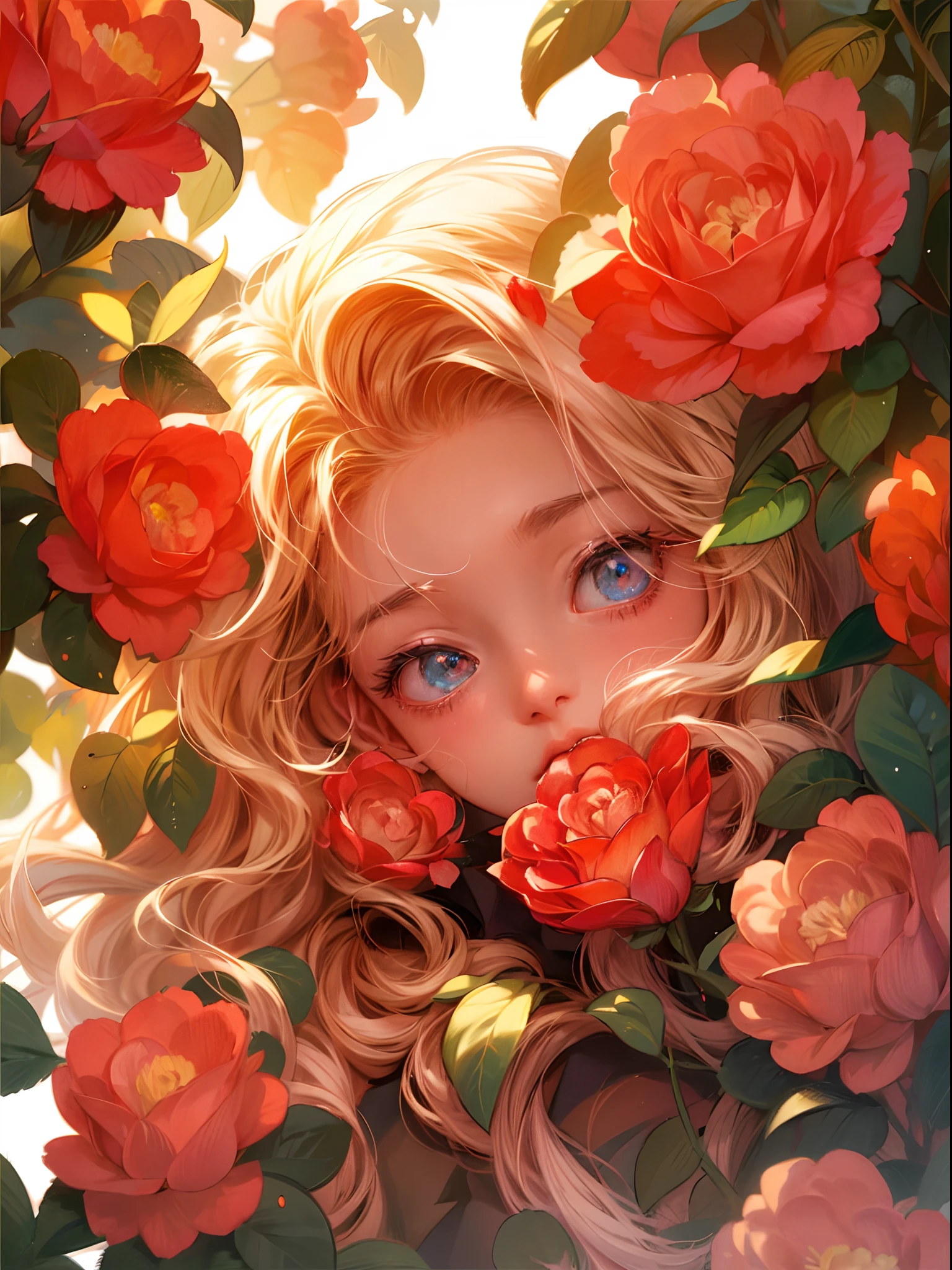 a girl with long blonde hair and blue eyes surrounded by flowers, detailed digital anime art, ross tran style, beautiful anime portrait, digital anime art, roses in her hair, beautiful anime artwork, high quality portrait, digital anime illustration, digital art on pixiv, beautiful anime art, beautiful anime art style, clean detailed anime art, by Yang J, detailed anime art