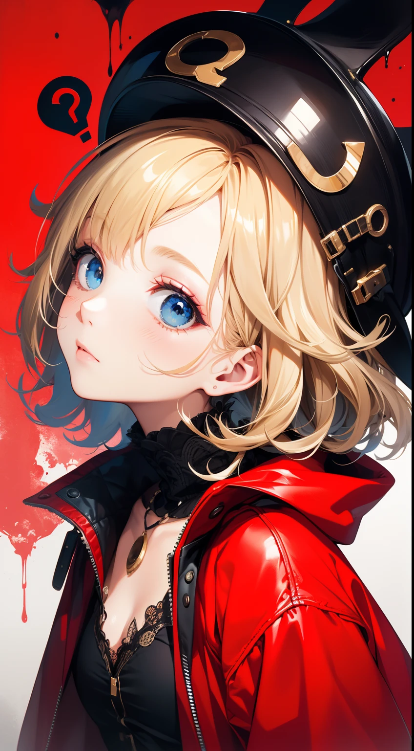 wallpaper, masterpiece,best quality, 1girl, (((curoious))), ((?, question mark)), perfect face, expressive eyes, intricate details, emotions, soul, feelings, fun expression, funnny face, BREAK expressive, colorful, , abstract background, expressive colors, (red bakcground,), jacket, BREAK (blonde hair),