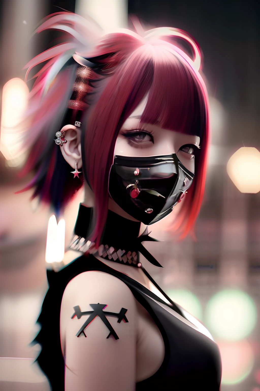 Sleeveless、The tattoo、bob cuts、bright red、Really red、Red、Red-haired、rot、red hairs、head phone、🎧、goth_punk, 1girl in, 独奏, medium shot, Walking in Harajuku, ((during night)), bokeh dof, Neon light, Iridescent eyes, starrysky, red glowing hair, Black eyebrows, Radiant hair, (iridescent red hair), 耳Nipple Ring, bangss, jewely, masks, bluntbangs, verd s eyes, Mouth mask, blurry backround, bblurry, hair adornments, Look at viewers, shorth hair, portraitures, side locks