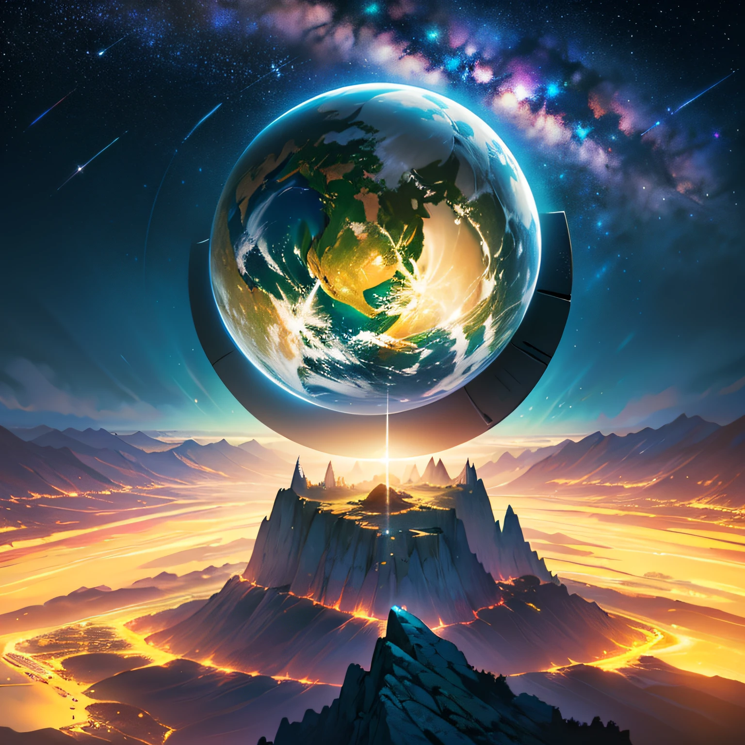 (Best Quality, Masterpiece), A Huge Planet, Beautiful Earth, ((No Humans)) (Magical, Fascinating, Beautiful Planet), (Living, Plants, Green), (Bright Stars), (Ultra Detail, Dynamic Camera), (Wide Angle), (Celestial Illumination), (Vivid Colors and Saturation)
