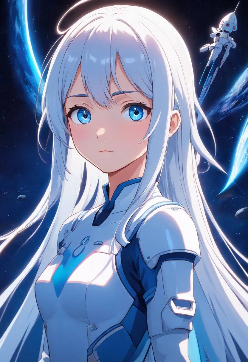anime girl with long white hair blue skin and blue eyes in a dark room, white hime cut hairstyle, portrait anime space cadet girl, inspired by INO, anime styled 3d, beautiful female android!, the hime cut, made with anime painter studio, perfect android girl, with blue skin, cyborg - girl with silver hair, retrofuturistic female android, android heroine