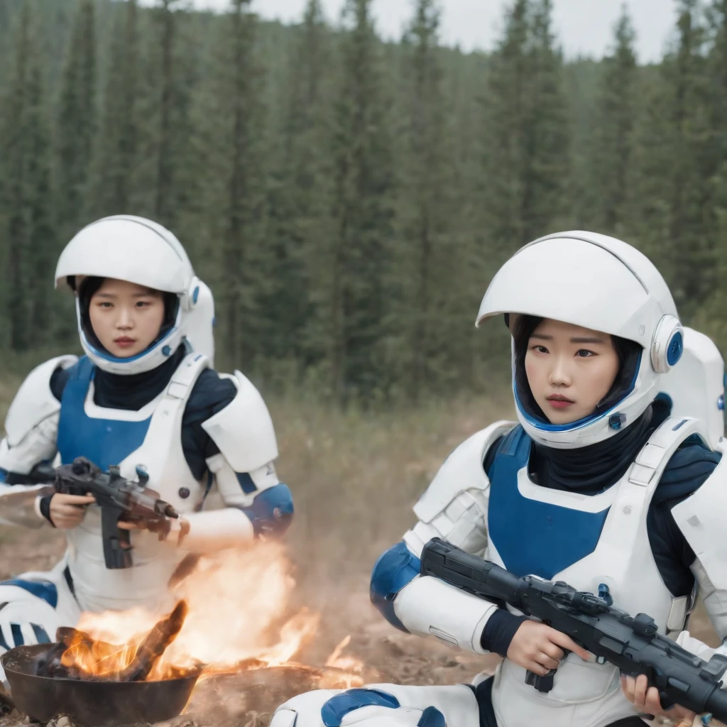 future world. Three Korean 15-year-old short-haired girls, wearing blue and white space combat suits, were resting and eating on the battlefield. comic style.