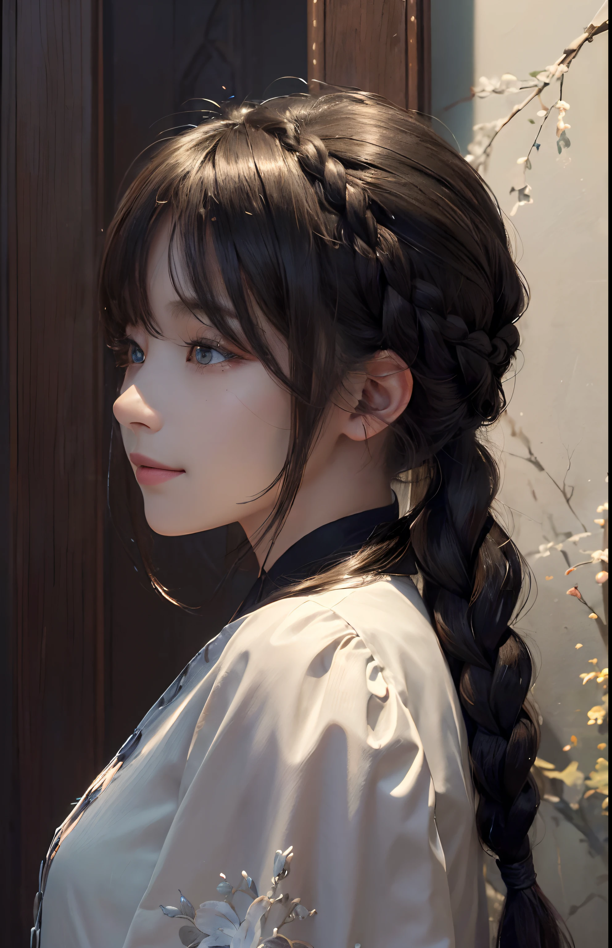 (A hyper-realistic)、(illustratio)、(hight resolution)、(8K)、(ighly detailed)、(Best Illustration)、(beautifully detailed eyes)、(top-quality)、(ultra-detailliert)、(masterpiece)、(wall-paper)、(A detailed face)、独奏、1 girl in、looking at viewert、fine detailed、A detailed face、in the darkness nigth、Shadow、pureerosfaceace_v1、A smile、long、Braided hair、46-point diagonal bangs。(from side:1.4)