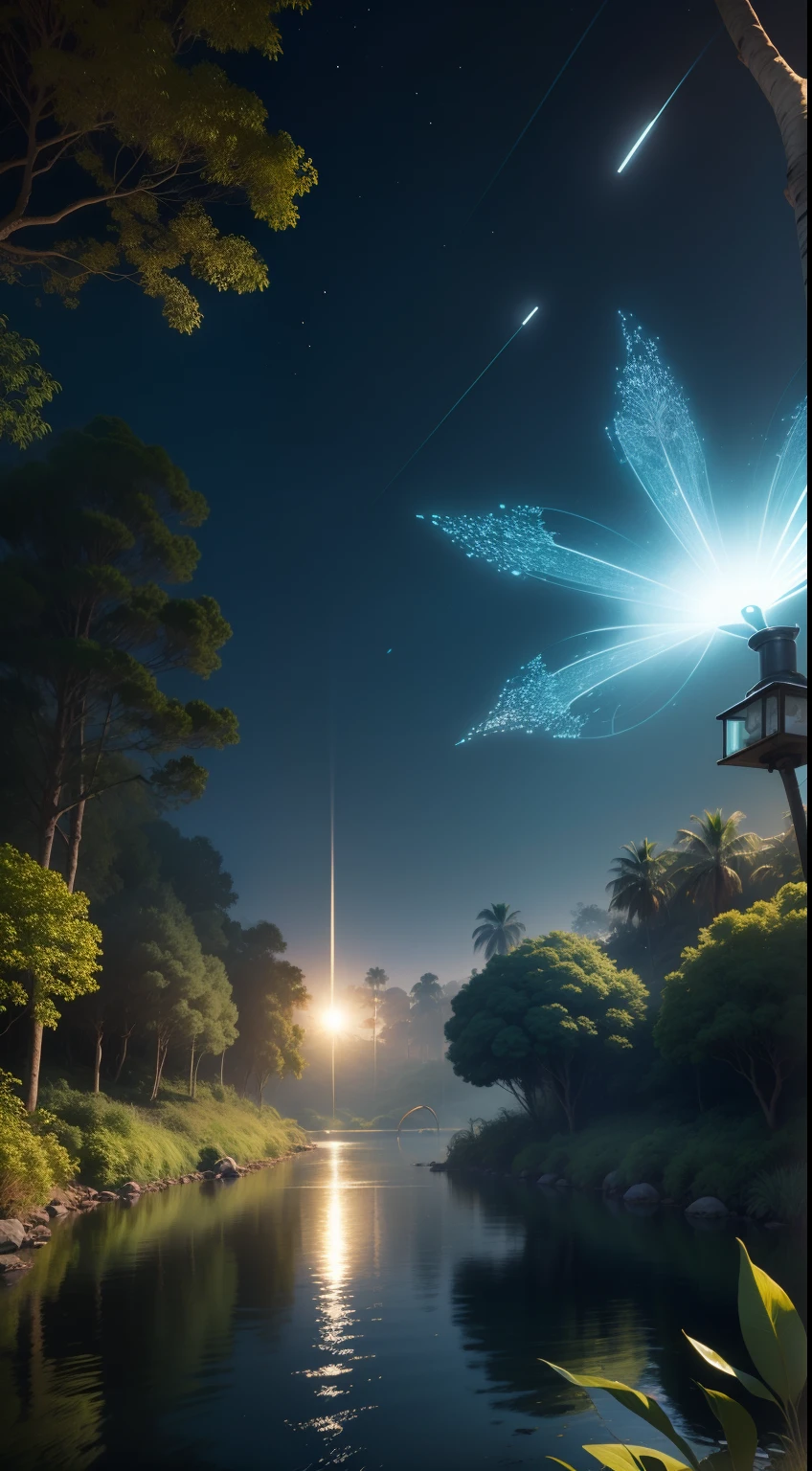 positividade, luz e energia positiva, paz de espirito, ambiente noturno, florido e com arvores.