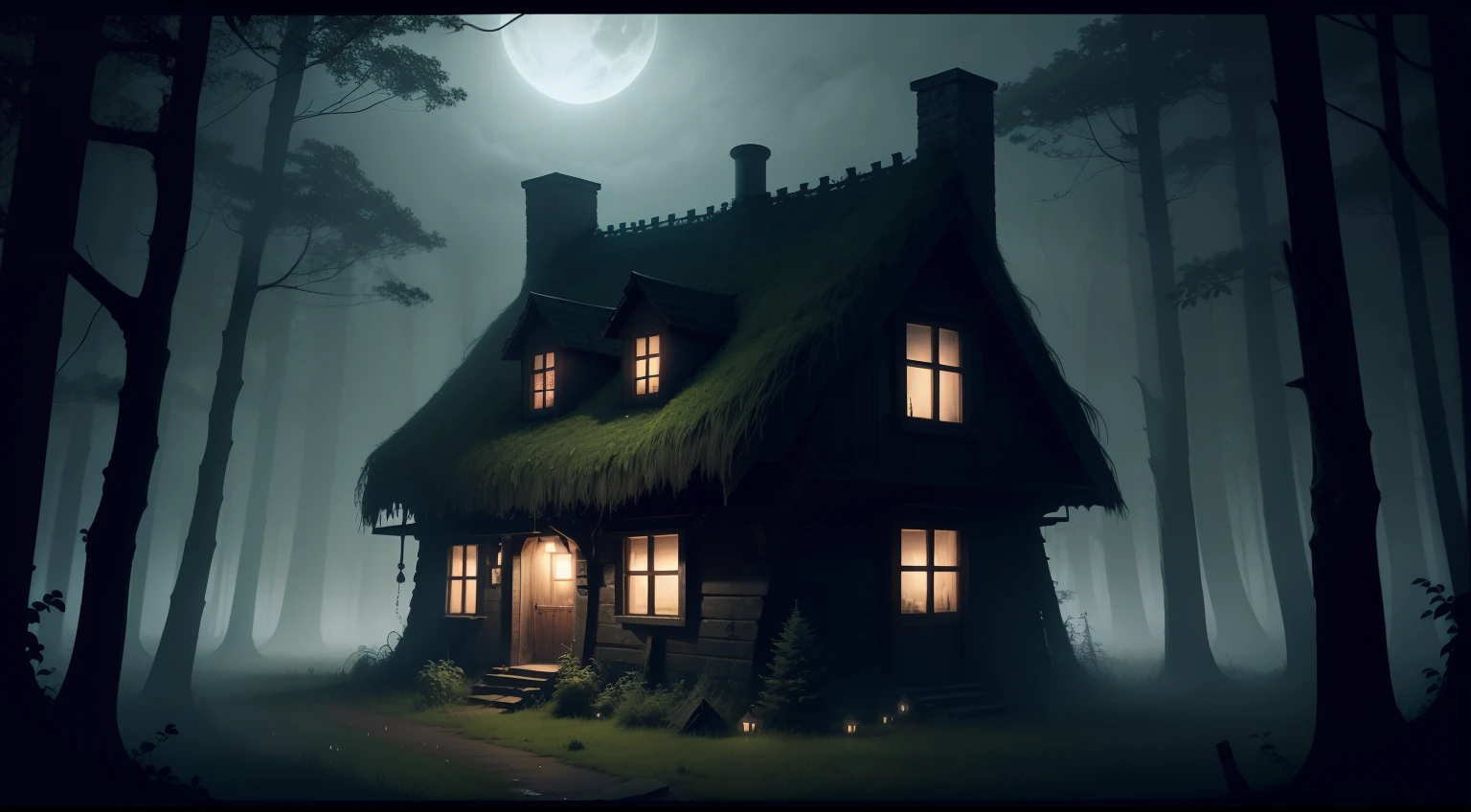 creepy witches cottage at night, gloomy atmosphere, enchanted forest, thick vegetation, foggy night.