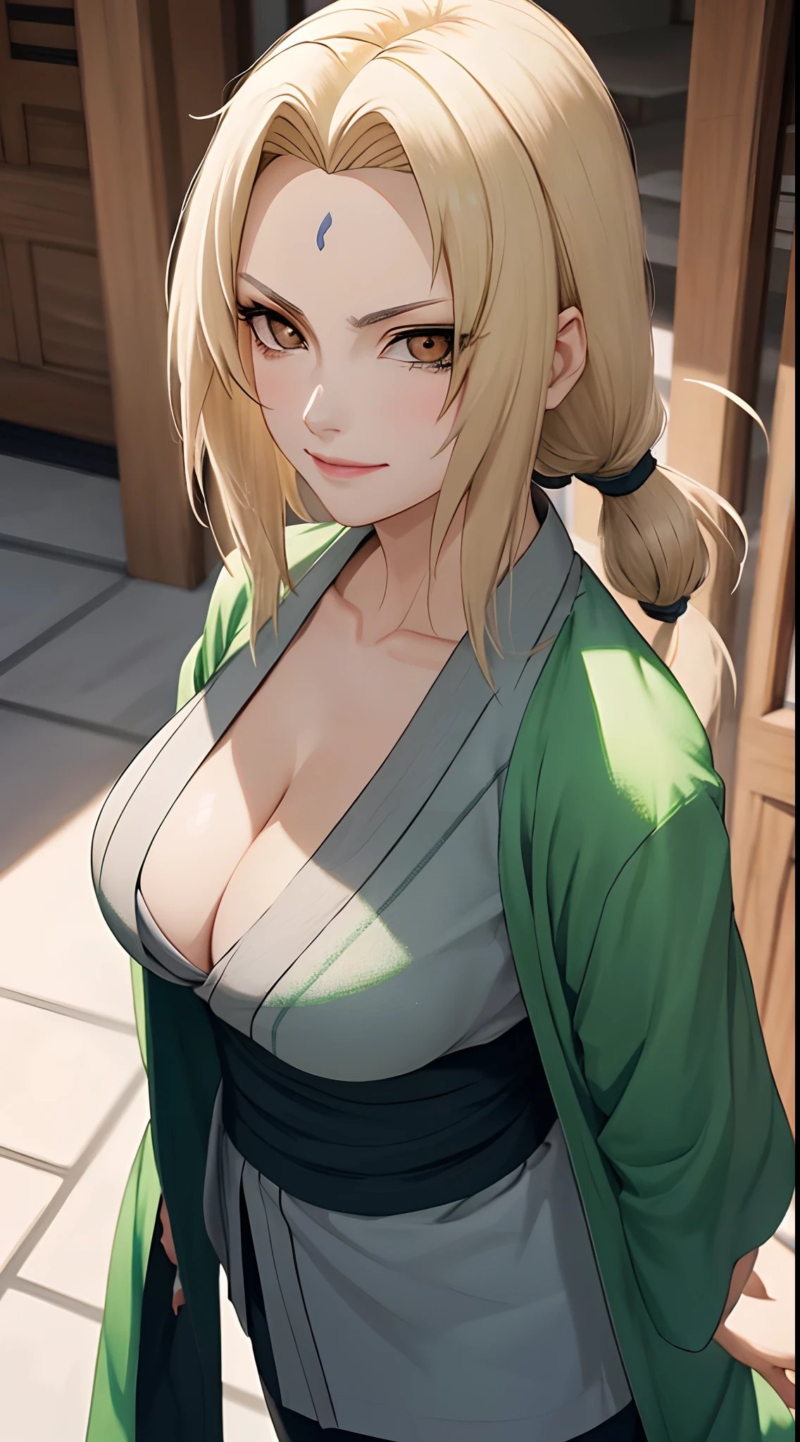 Tsunade Senju, Bela, obra prima, extremamente detalhado, melhor qualidade, best ilumination, melhor sombra, rosto perfeito, olhos castanhos brilhantes, marca azul na testa, usando um ono cinza com um cinto vermelho e uma jaqueta verde, 1 girl, peitndes, bunda grannclinada pra frente olhando para o expectador, em konoha,