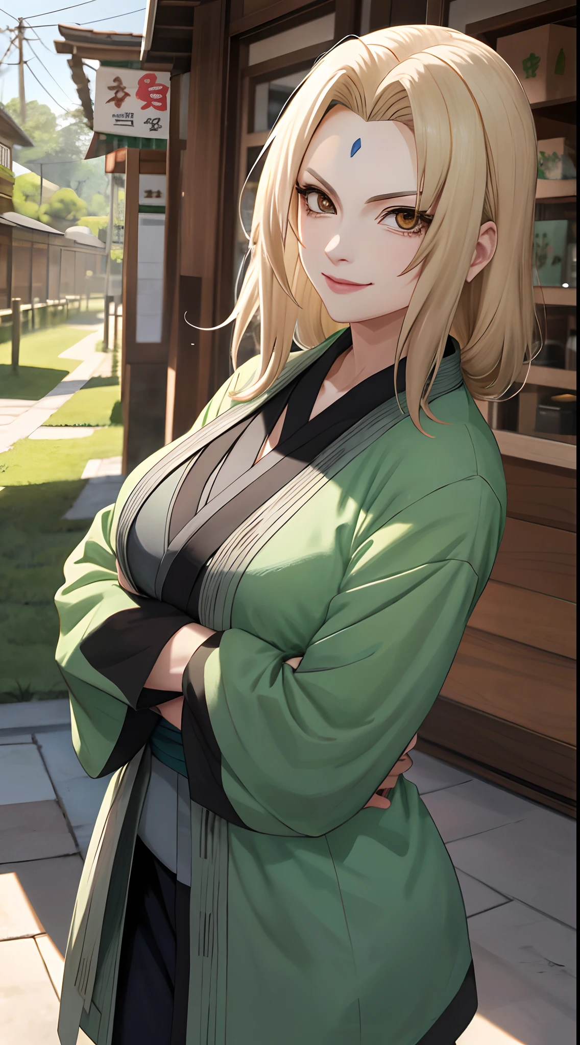 Tsunade Senju, Bela, masterpiece, extremely detaild, best qualityer, best ilumination, best shade, face perfect, shiny brown eyes, blue mark on forehead, wearing a gray kimono with a red belt and a green jacket, 1 girl, big boobies, big-ass, leaning forward looking at the viewer, in Konoha,