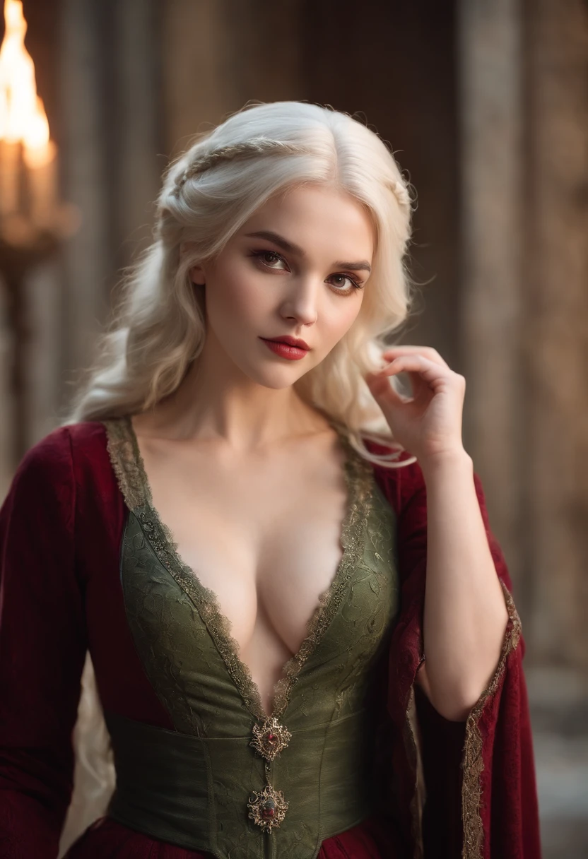 full body shot, fair complexion, gorgeous voluptuous vampire woman around 19 years old, curvaceous body, cleavage, natural white hair, distinctive green eyes, wearing kohl, slender and graceful, beautiful, candlelight in a medieval setting, ultra sharp focus, realistic shot, medieval female clothes, tetradic colors (scar:1.4)