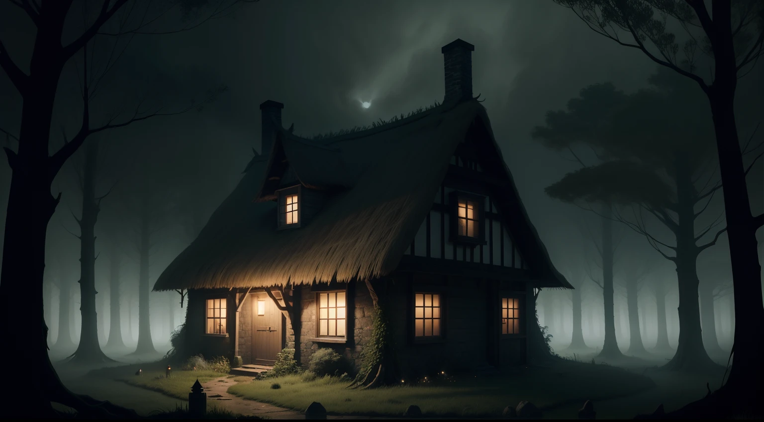 creepy witches cottage with thatched roof, gloomy atmosphere, enchanted forest, thick vegetation, foggy night.