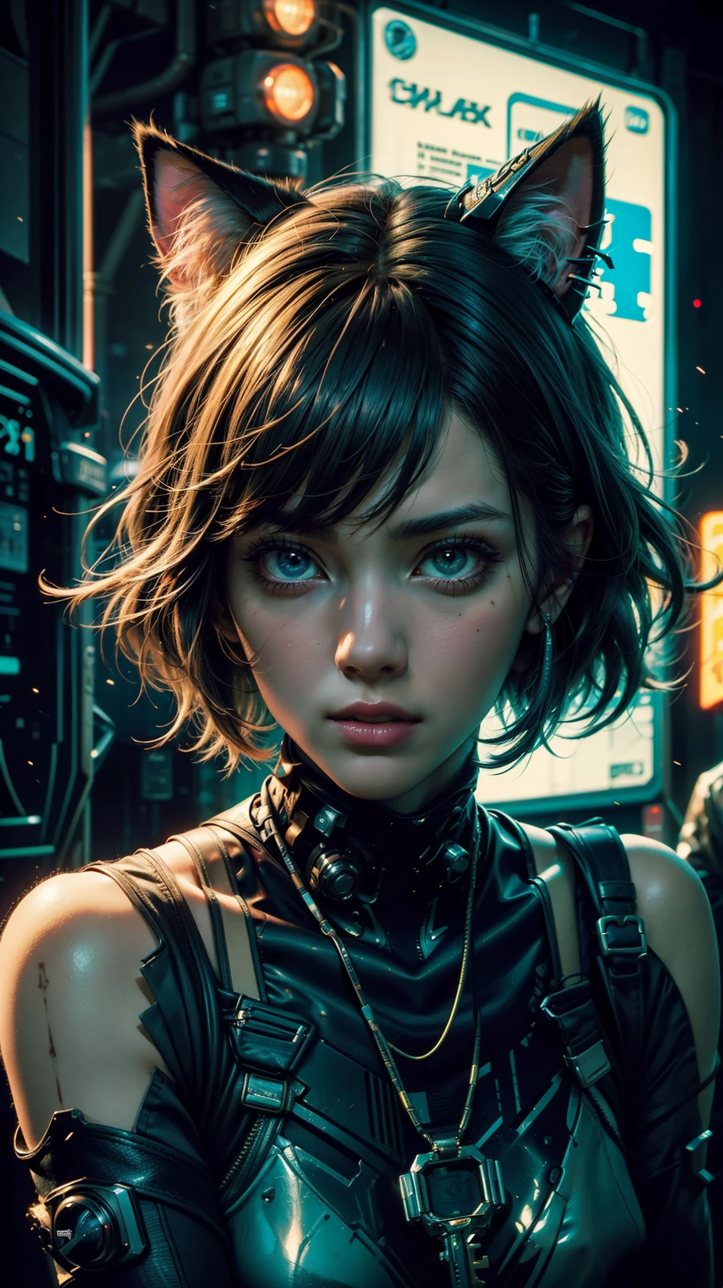 Beautiful cowboy shot of Reika Shimohira as a Nekomata catgirl, slender body, cyberpunk armor with neon trim, cat ears, cat tail, science fiction, cyberpunk city in the background, Gantz, In the Style of Cyberpunk 2077, Ultra realistic photo, masterpiece, best quality, CG, wallpaper, HDR, high quality, high-definition, extremely detailed, {beautiful detailed face}, {beautiful detailed eyes}, (detailed light){{intricate detail}}, {highres}, ((detailed face)), neon light, chiaroscuro, key visual, intricate detail, highly detailed, breathtaking, vibrant, cinematic, 18+, Nsfw