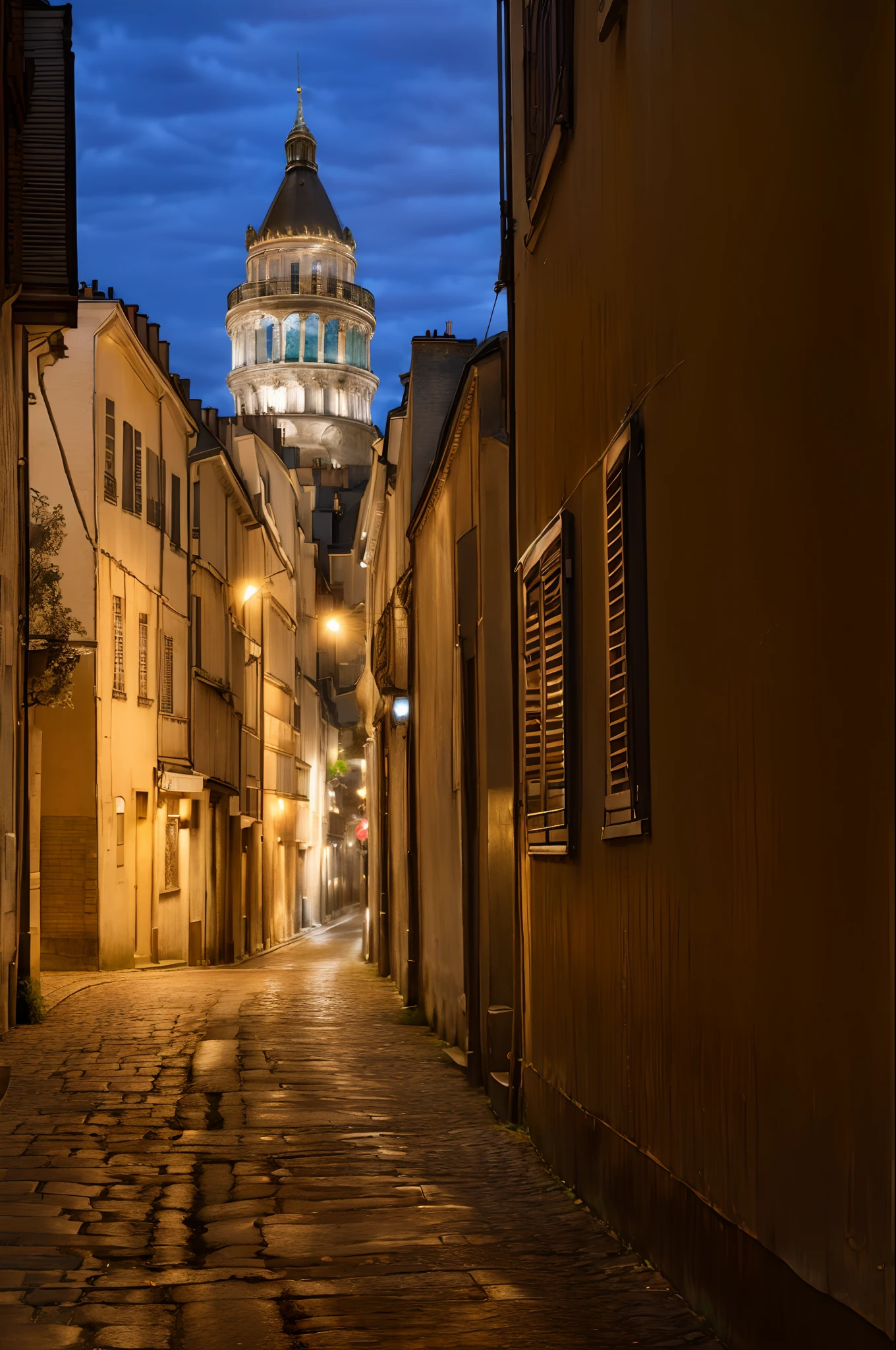 (masterpiece: 1.3), a photo of a cozy road in paris at the start of 20th century at dusk, dramatic sky