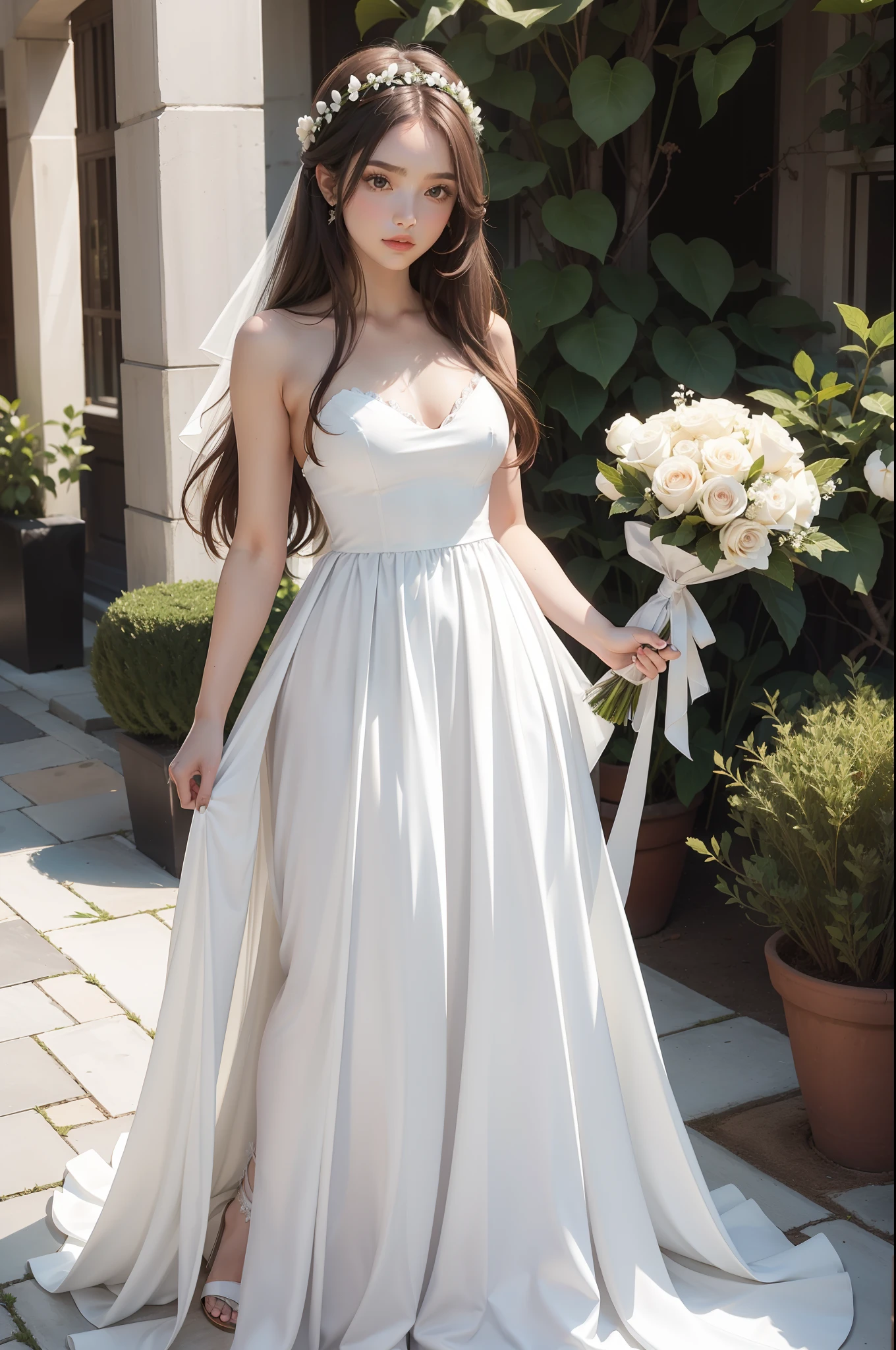 A girl standing and she's wearing a white long wedding dress, hold a flower, beautiful and long brown hair and perfect body figure