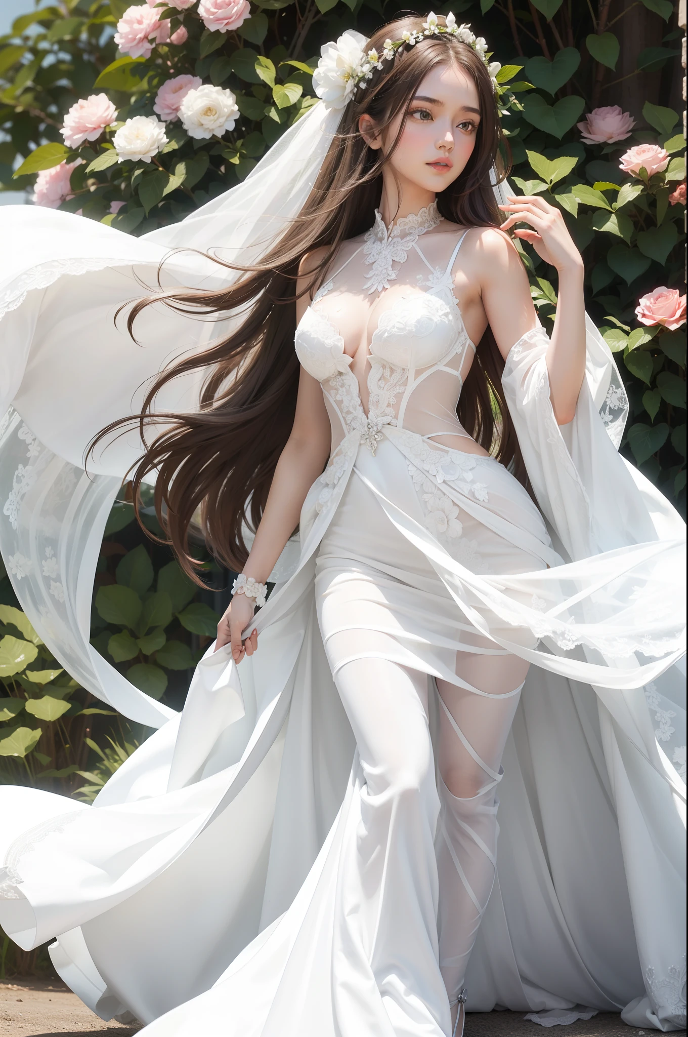 A girl standing and she's wearing a white long wedding dress, hold a flower, beautiful and long brown hair and perfect body figure