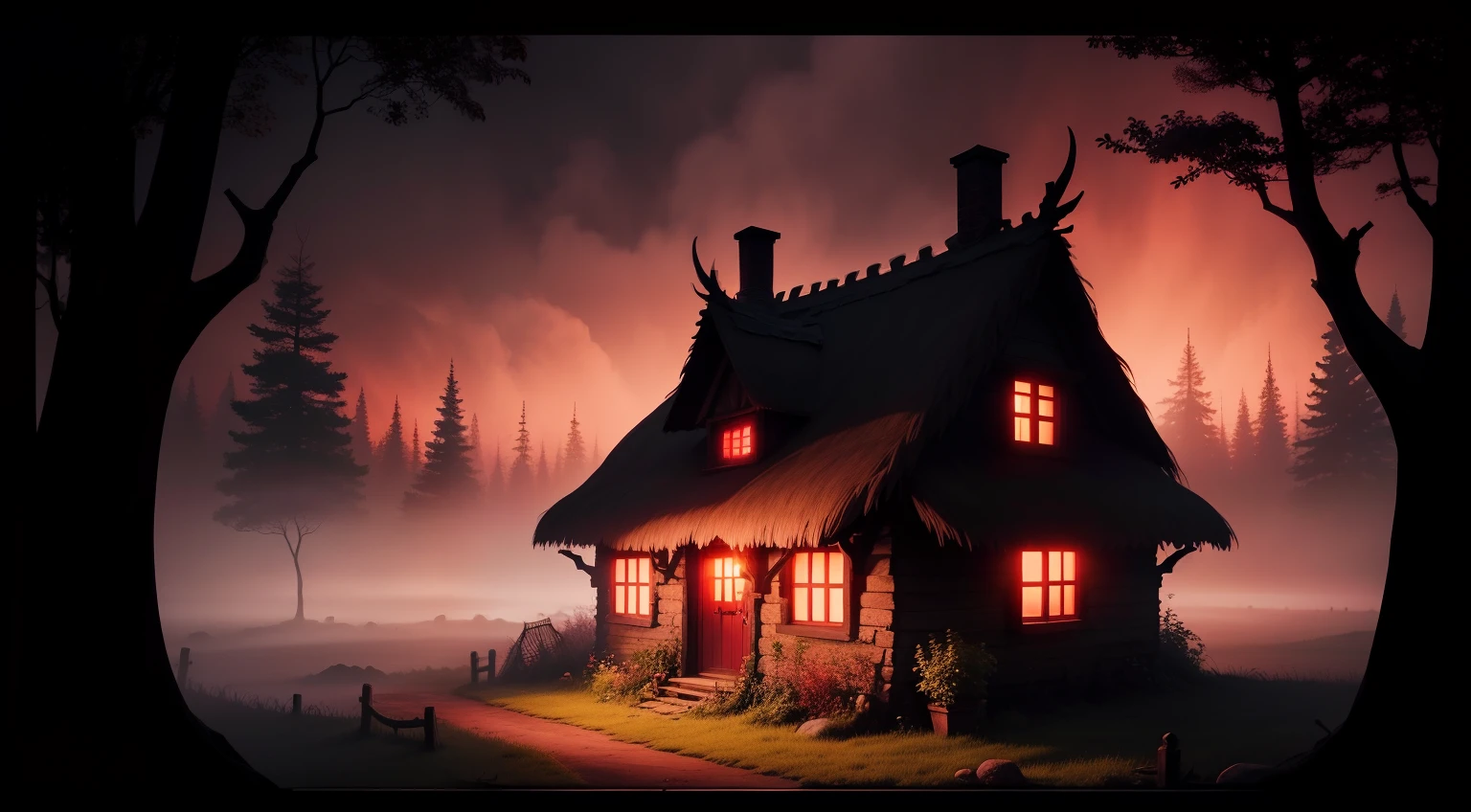 creepy witches cottage with thatched roof, red light, enchanted forest, thick vegetation, foggy night, red sky