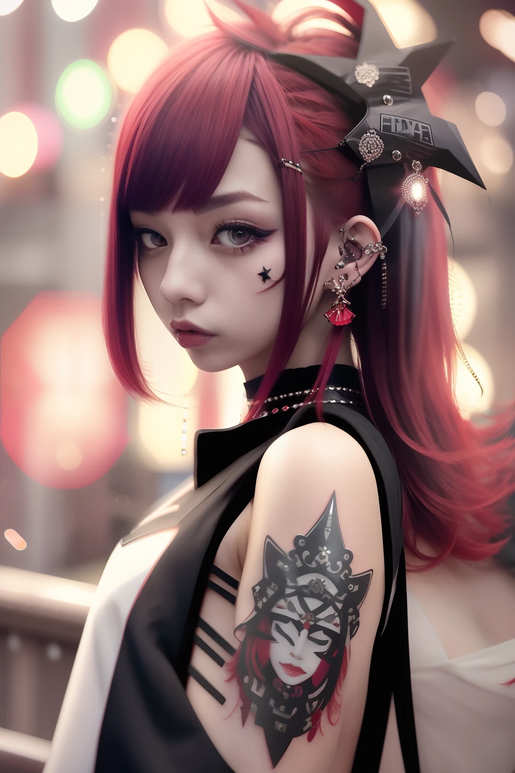 Sleeveless、The tattoo、bob cuts、bright red、Really red、Red、Red-haired、rot、red hairs、head phone、🎧、goth_punk, 1girl in, 独奏, medium shot, Walking in Harajuku, ((during night)), bokeh dof, Neon light, Iridescent eyes, starrysky, red glowing hair, Black eyebrows, Radiant hair, (iridescent red hair), 耳Nipple Ring, bangss, jewely, masks, bluntbangs, verd s eyes, Mouth mask, blurry backround, bblurry, hair adornments, Look at viewers, shorth hair, portraitures, side locks
