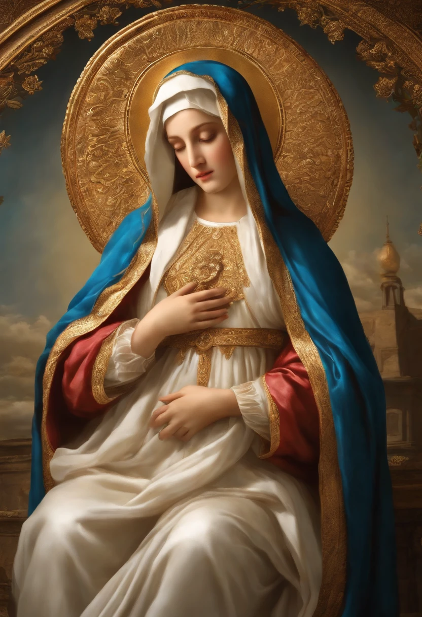 (Holy virgin mary of carmel))) Masterpiece, (Best quality: 1.2), (Super fine: 1.2), Illustration, (Extremely delicate and beautiful: 1.2), Film angle, Floating, (Beautiful detail eye: 1.1), (Detail Light: 1.1), Film lights, Delicate sky, Blue eyes, (High ponytail: 1.1), Layer, Bright eyes, Starry sky, (Light particles: 1.1) drawing, blossom. (masterpiece), (best quality), (photorealistic:1.3), 8k, detailed skin texture, detailed cloth texture, beautiful detailed face, intricate details, ultra detailed (full-length body:1.2)