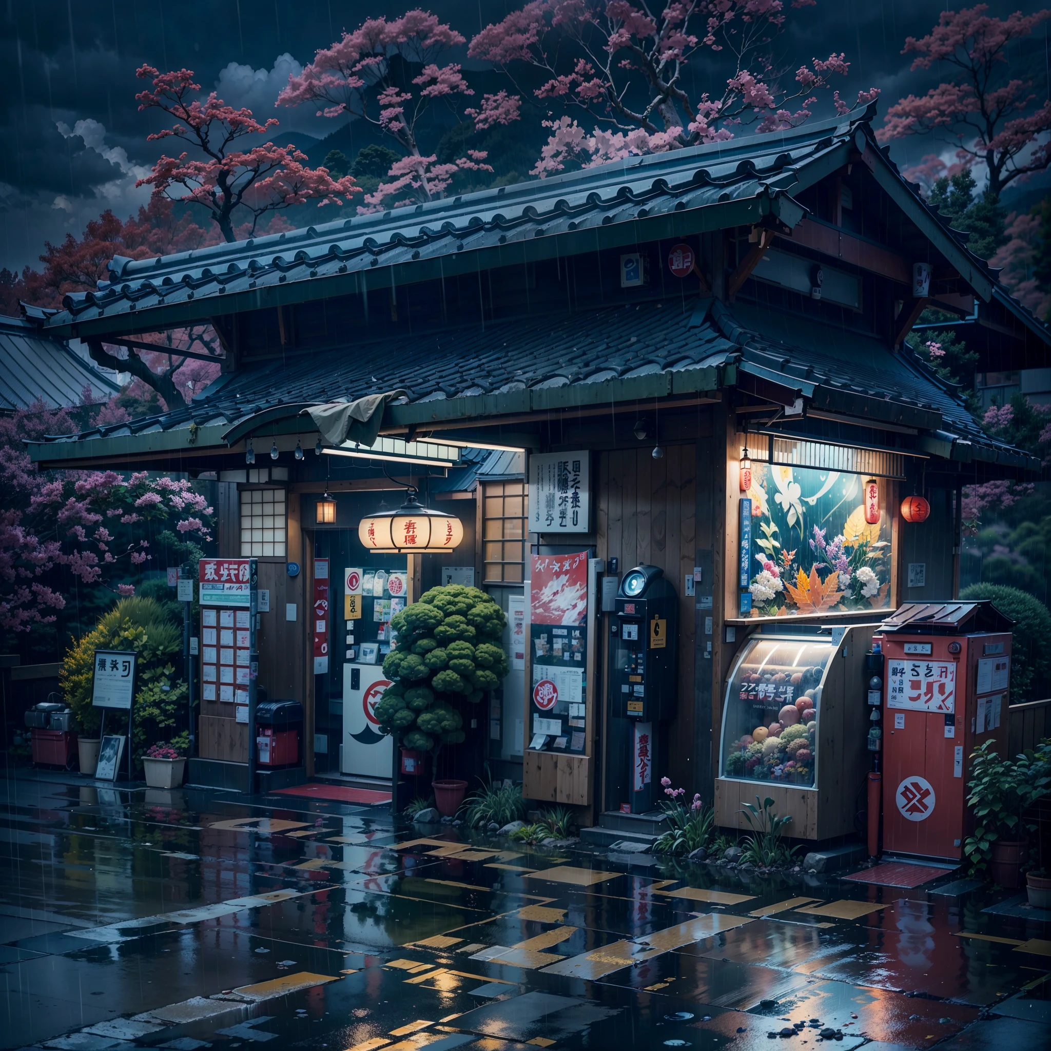 japan, modern Japanese gas station by the side of a road in the mountains, modern Japanese architecture, night-time, rain, best quality, (no one: 1), anime, anime style, lofi, dramatic weather, Japanese shop signs, lofi style, no other building, vegetation, woods, puddles of water, heavy rainfall, neon signs, plant pots, lanterns, lamps, storm, gloomy weather, dramatic weather, rain, raining, puddles, heavy rain, falling rain drops,