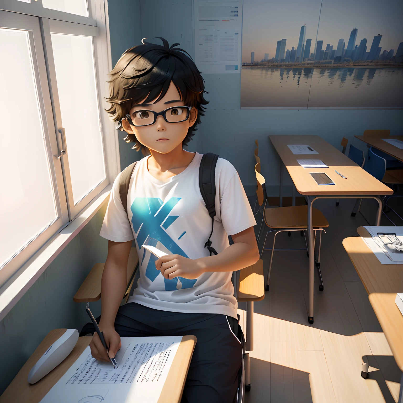 Menino animado sentado na sala de aula，Segurando apito，Papel de parede anime 4k，Estilo de arte 3d ,cena da sala de aula，Obras de Akira Toriama，a digital rendering。