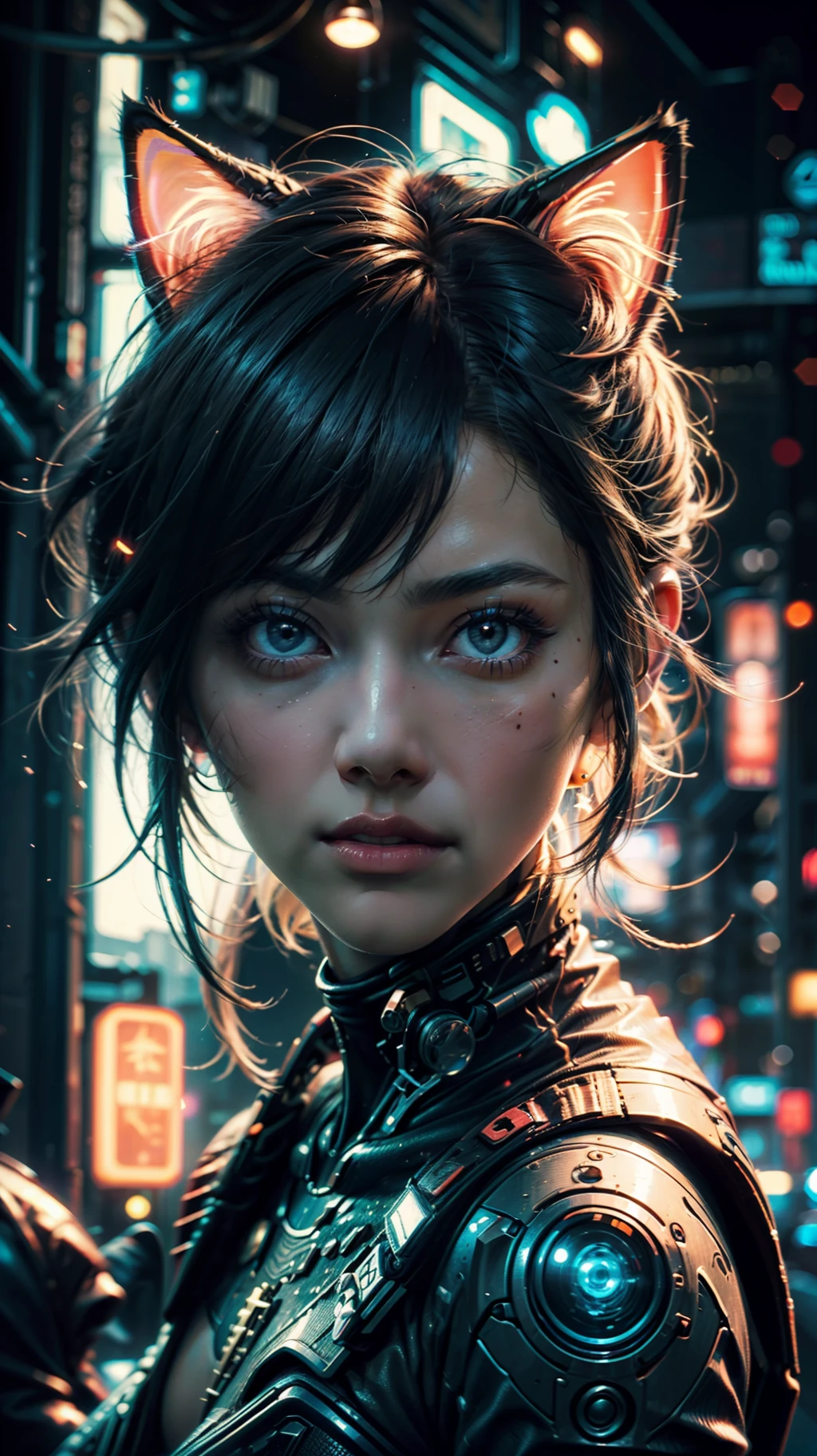 Beautiful cowboy shot of Reika Shimohira as a Nekomata catgirl, slender body, cyberpunk clothes with neon trim, cat ears, cat tail, science fiction, cyberpunk city in the background, Gantz, In the Style of Cyberpunk 2077, Ultra realistic photo, masterpiece, best quality, CG, wallpaper, HDR, high quality, high-definition, extremely detailed, {beautiful detailed face}, {beautiful detailed eyes}, (detailed light){{intricate detail}}, {highres}, ((detailed face)), neon light, chiaroscuro, key visual, intricate detail, highly detailed, breathtaking, vibrant, cinematic, 18+, Nsfw