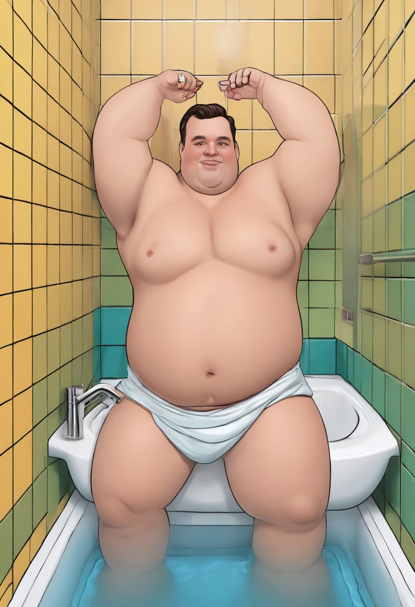 (highres,ultra-detailed,realistic:1.2),2 men standing in a bathroom with towels, fatherly figure, gigantic and obese, leaked photo, in the background, fat belly, Body Type, shirtless, morbidly obese, bathroom tiles, bright lighting