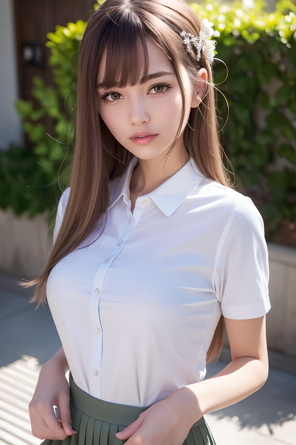 (RAW photo, best quality), (realistic),photo, best quality ,masterpiece, an extremely delicate and beautiful, extremely detailed, CG ,unity, 2k wallpaper, finely detail, masterpiece, best quality, huge filesize, ultra-detailed, highres, extremely detailed, 1girl, slim body, (short sleeve shirts:1.1),(uniform:1.1),(pleated skirt:1.1), porcelain skin,  (grey hair), (hair ornament), looking at viewer, face close-up, straight hair, extremely detailed face, extremely detailed eyes, seductive smile, rainy ,