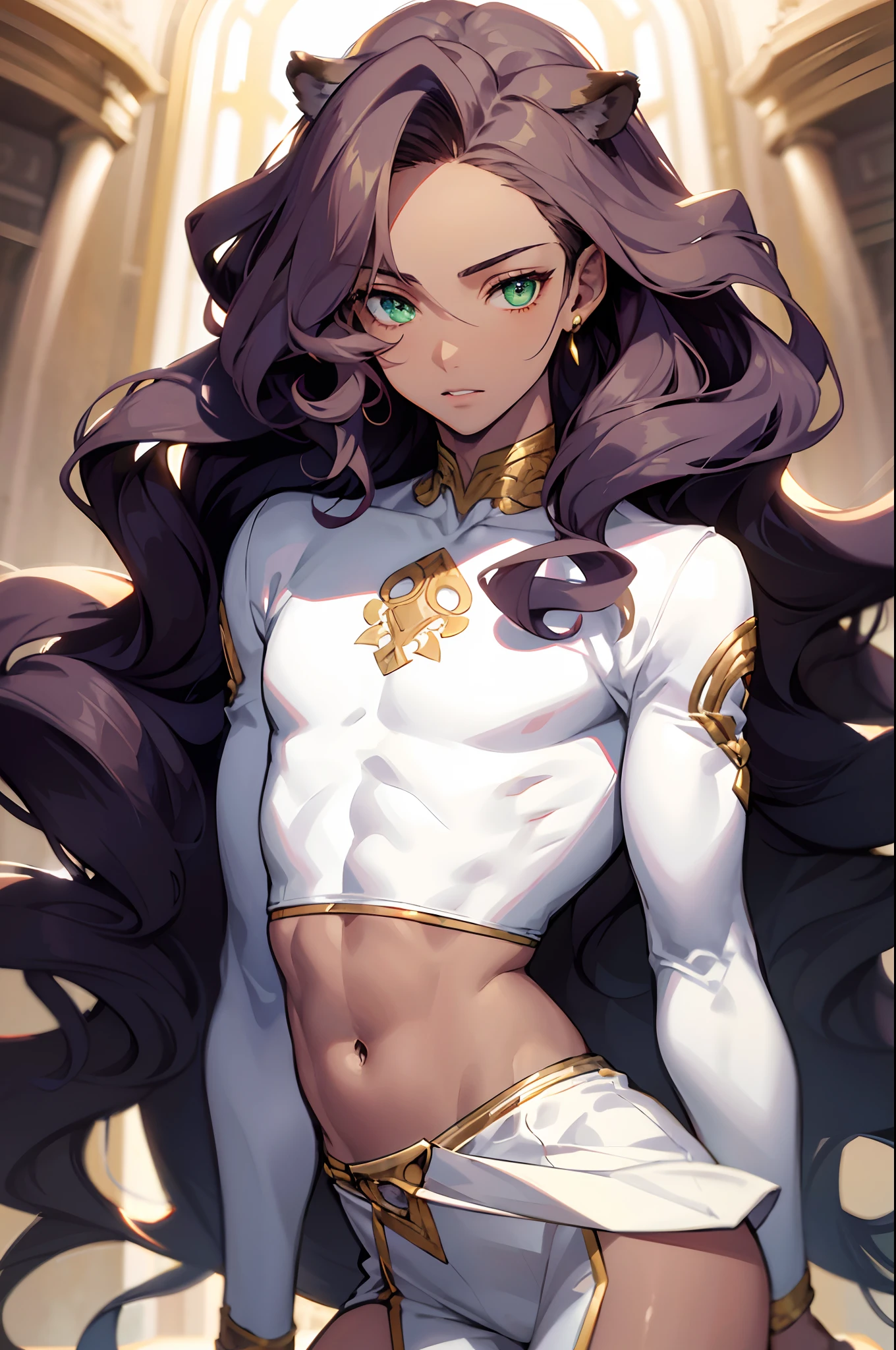 a beautiful man, extremely long hair , brown hair , light green eyes , brown skin, adult male ,Solo, male, skinny , effeminate, full lips , wearing a crop top  , big hair  , wavy hair  , skinny body , has tiger ears