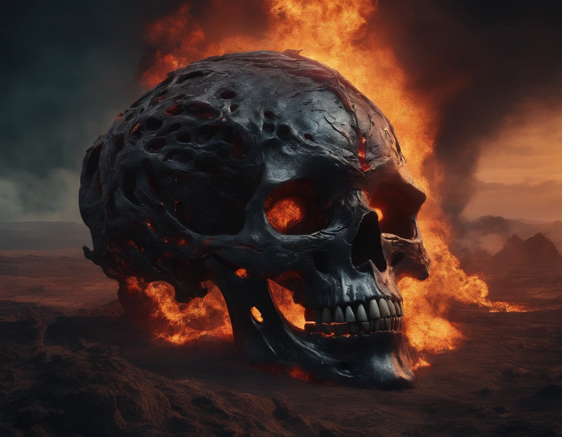 a giant demonic monster skull with sparkling eyes lies in the middle of a volcanic plain, cracked bones, ((cybernetic parts)), (vivid colors:1.4), dramatic fire and smoke, (Dramatic volcanic landscapes), Dreamy sunset horizons