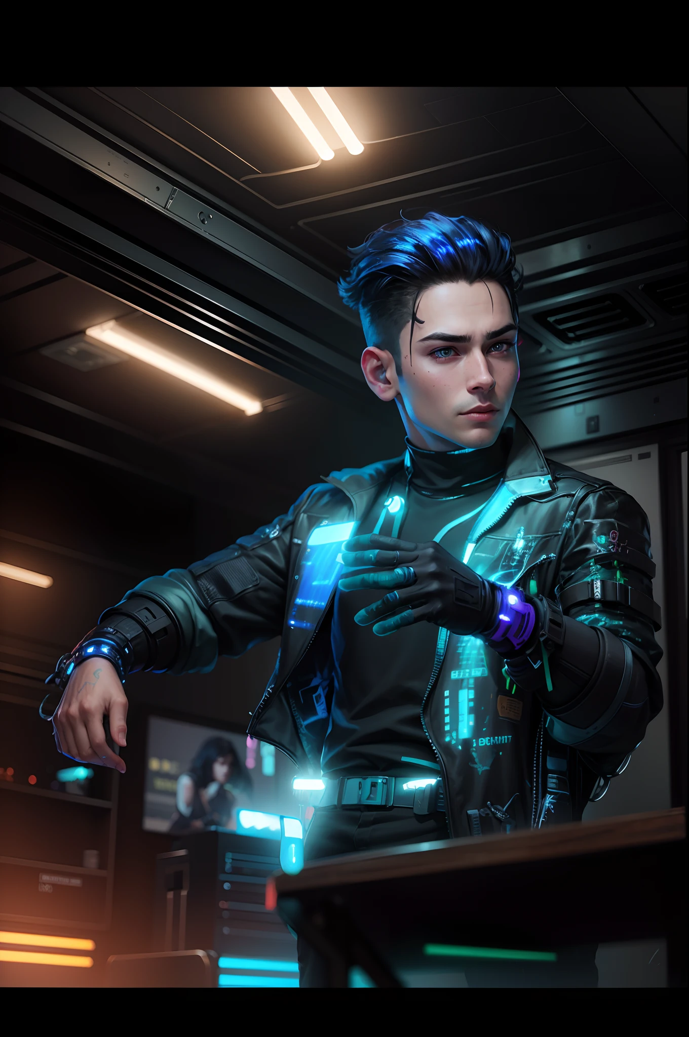 Change dark gaming background, cyberpunk handsome boy ultra realistic face, 4k