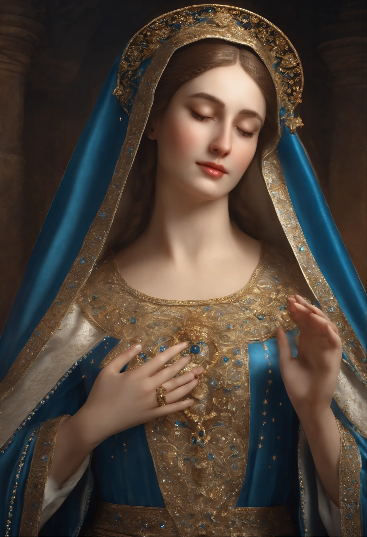 (Holy virgin mary of carmel))) Masterpiece, (Best quality: 1.2), (Super fine: 1.2), Illustration, (Extremely delicate and beautiful: 1.2), Film angle, Floating, (Beautiful detail eye: 1.1), (Detail Light: 1.1), Film lights, Delicate sky, Blue eyes, (High ponytail: 1.1), Layer, Bright eyes, Starry sky, (Light particles: 1.1) drawing, blossom. (masterpiece), (best quality), (photorealistic:1.3), 8k, detailed skin texture, detailed cloth texture, beautiful detailed face, intricate details, ultra detailed (full-length body:1.2)