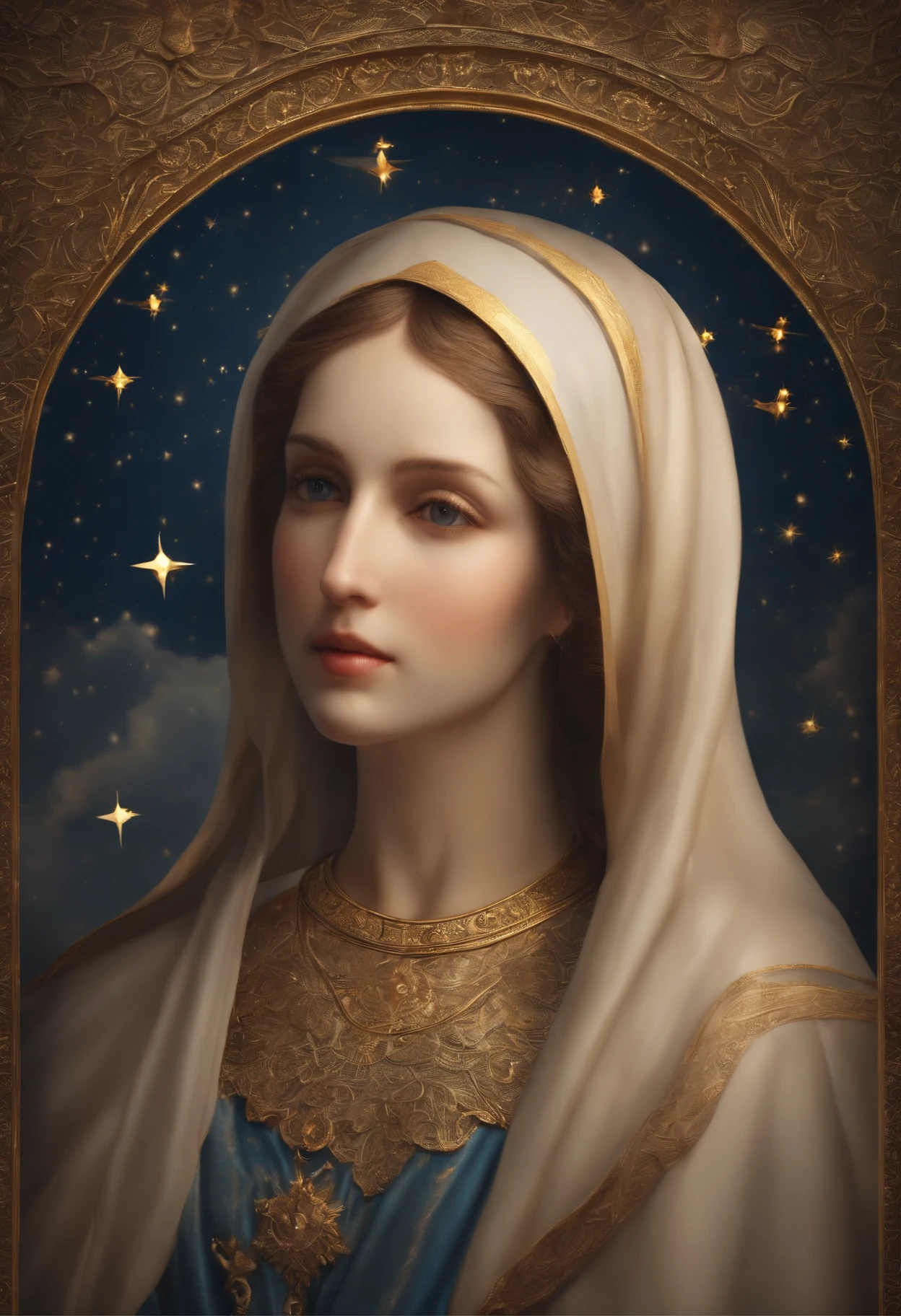 (Holy virgin mary of carmel))) Masterpiece, (Best quality: 1.2), (Super fine: 1.2), Illustration, (Extremely delicate and beautiful: 1.2), Film angle, Floating, (Beautiful detail eye: 1.1), (Detail Light: 1.1), Film lights, Delicate sky, Blue eyes, (High ponytail: 1.1), Layer, Bright eyes, Starry sky, (Light particles: 1.1) drawing, blossom. (masterpiece), (best quality), (photorealistic:1.3), 8k, detailed skin texture, detailed cloth texture, beautiful detailed face, intricate details, ultra detailed (full-length body:1.2)