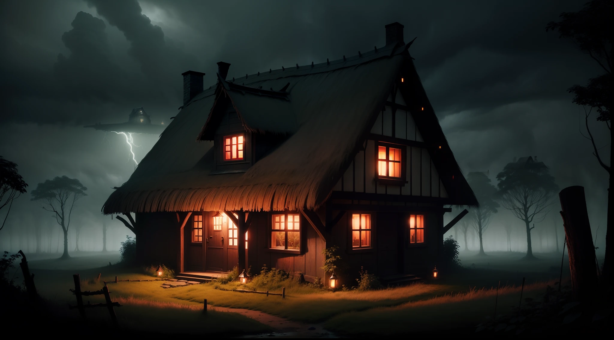 creepy witches cottage with thatched roof, red light, enchanted forest, thick vegetation, foggy night, storm brewing