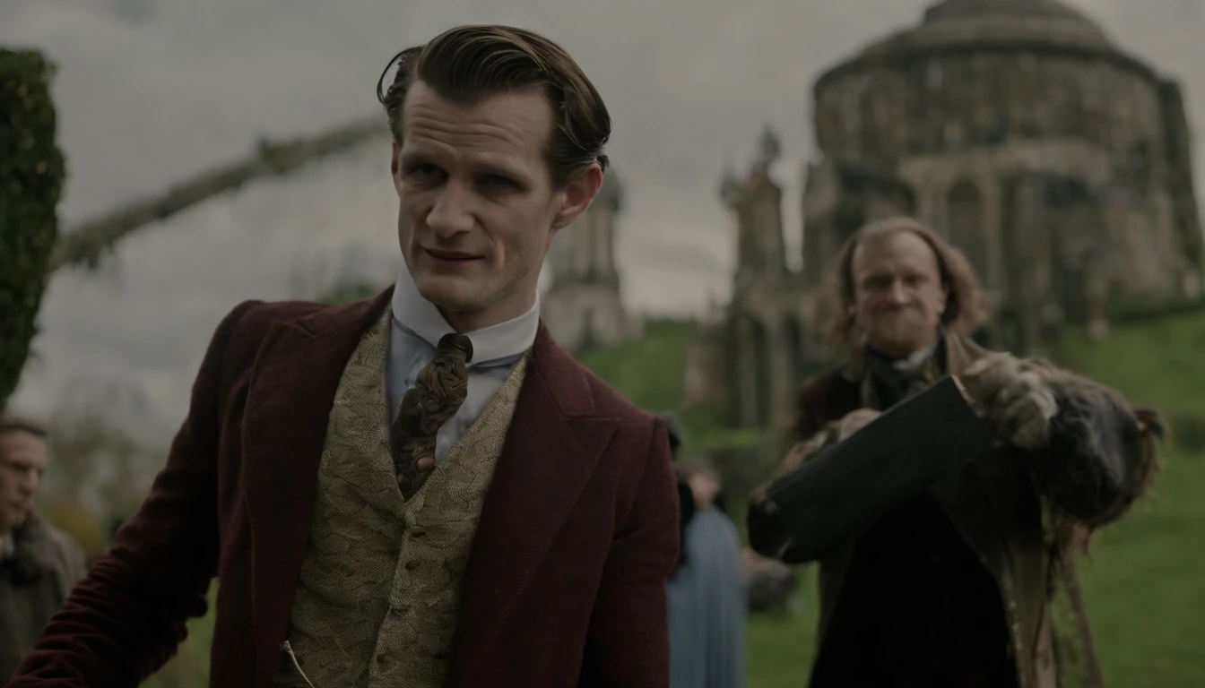 Ator matt smith usando roupa e maquiagem do coringa classico, imagem de corpo inteiro cabelo bem detalhado e sorriso autentico