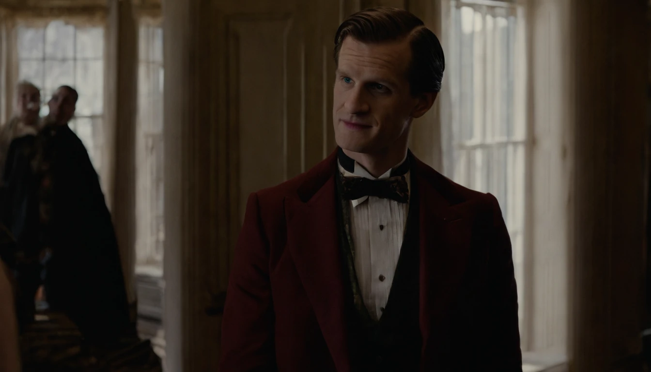 Ator matt smith usando roupa e maquiagem do coringa classico, imagem de corpo inteiro cabelo bem detalhado e sorriso autentico