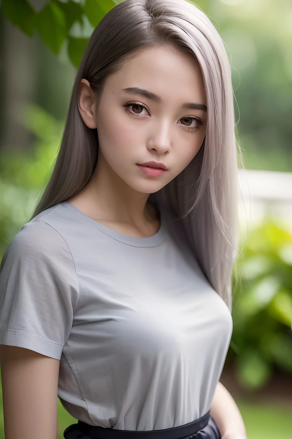 (RAW photo, best quality), (realistic),photo, best quality ,masterpiece, an extremely delicate and beautiful, extremely detailed, CG ,unity, 2k wallpaper, finely detail, masterpiece, best quality, huge filesize, ultra-detailed, highres, extremely detailed, 1girl, slim body, (short sleeve shirts:1.1),(uniform:1.1),(pleated skirt:1.1), porcelain skin,  (grey hair), (hair ornament), looking at viewer, face close-up, straight hair, extremely detailed face, extremely detailed eyes, seductive smile, rainy ,