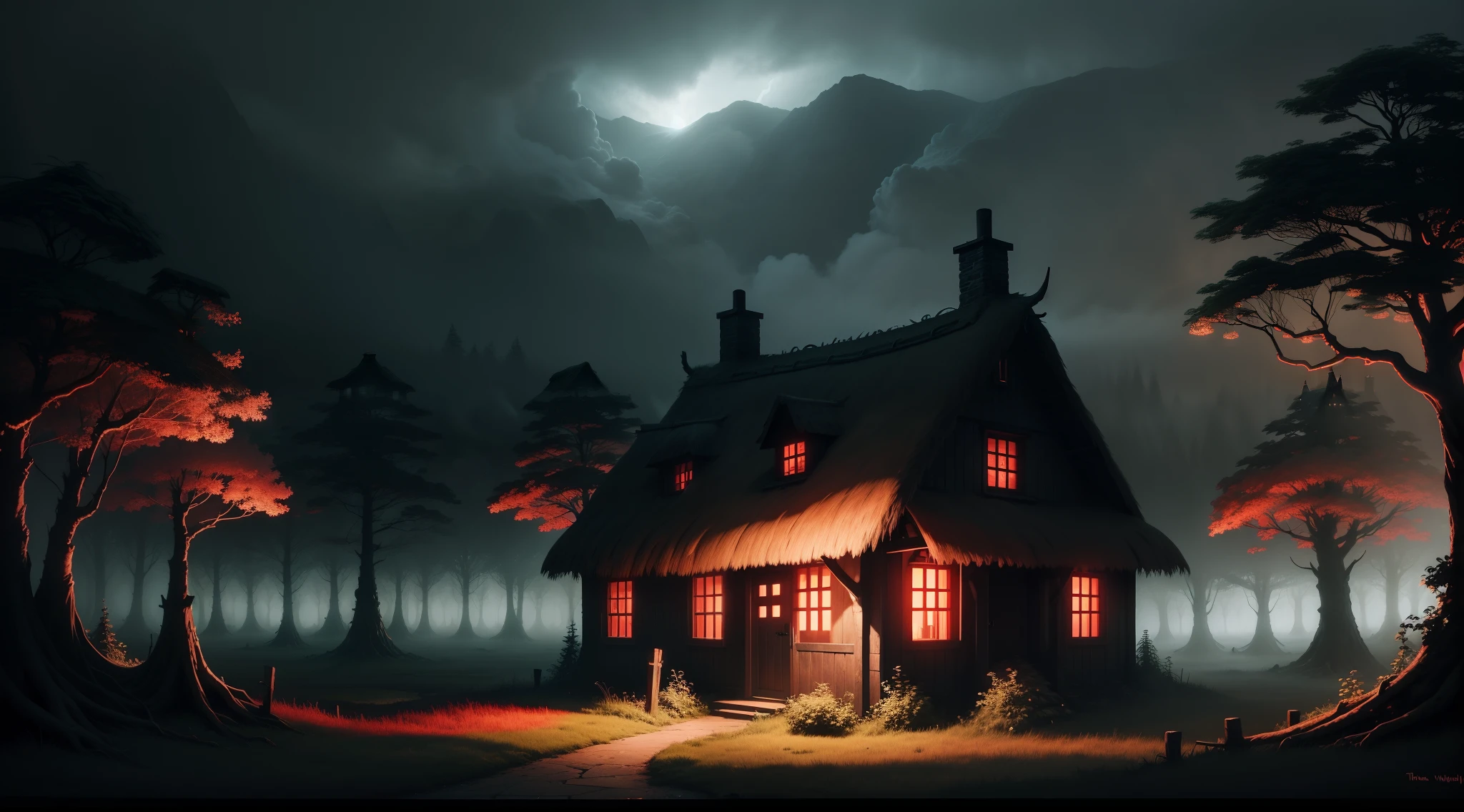 creepy witches cottage with thatched roof, red light, enchanted forest, thick vegetation, foggy night, storm brewing