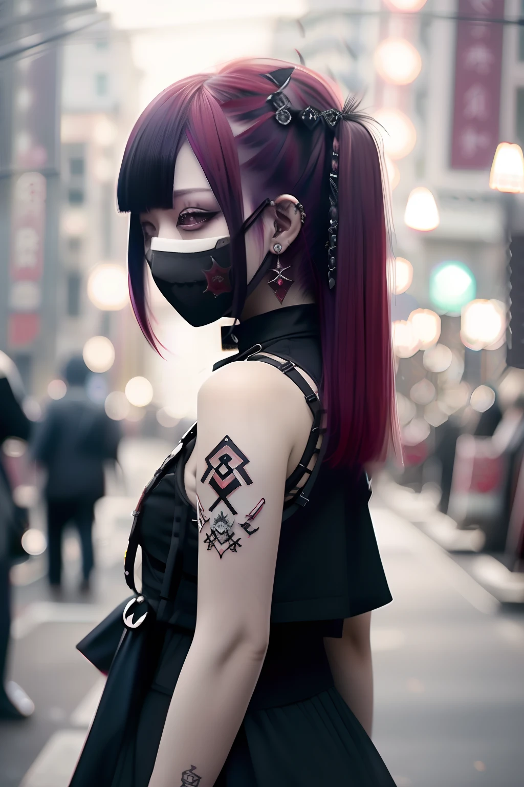 Sleeveless、The tattoo、bob cuts、bright red、Really red、Red、Red-haired、rot、red hairs、head phone、🎧、goth_punk, 1girl in, 独奏, medium shot, Walking in Harajuku, ((during night)), bokeh dof, Neon light, Iridescent eyes, starrysky, red glowing hair, Black eyebrows, Radiant hair, (iridescent red hair), 耳Nipple Ring, bangss, jewely, masks, bluntbangs, verd s eyes, Mouth mask, blurry backround, bblurry, hair adornments, Look at viewers, shorth hair, portraitures, side locks