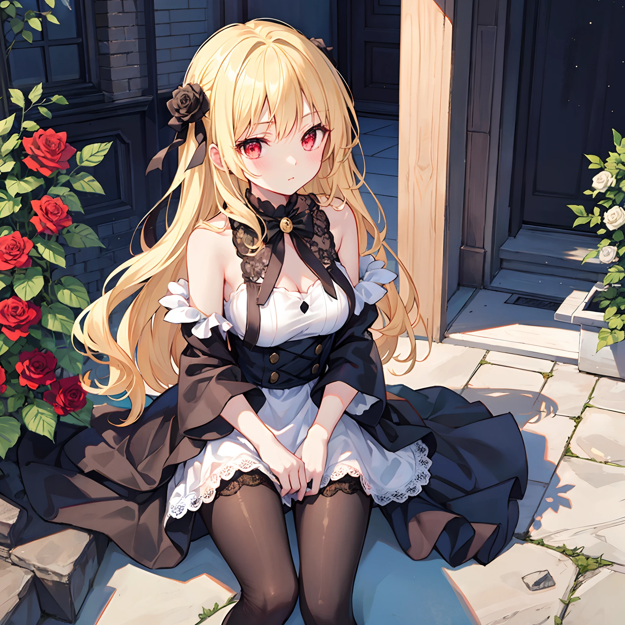 Wavy blonde、red eyes、Beautiful girl alone、Black fluffy dress、off shoulders、a miniskirt、Black tights、White rose garden