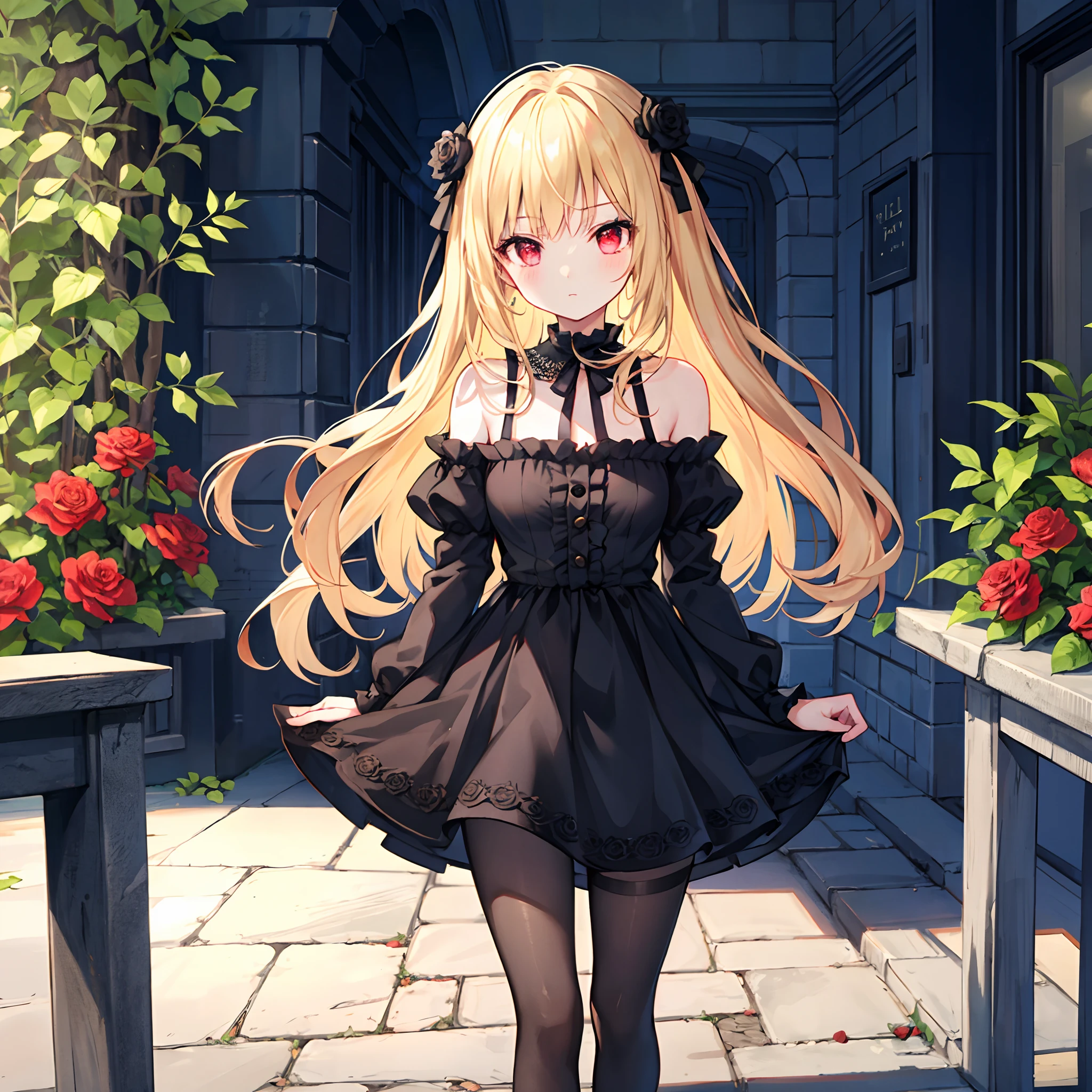 Wavy blonde、red eyes、Beautiful girl alone、Black fluffy dress、off shoulders、a miniskirt、Black tights、White rose garden