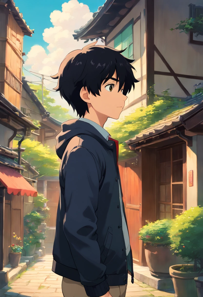 anime boy with black hair and black jacket standing in front of a house, a digital painting inspired by Munakata Shikō, pixiv contest winner, realism, made with anime painter studio, painted in anime painter studio, in an anime style, smooth anime cg art, flat anime style shading, in anime style, semirealistic anime style, anime stylized