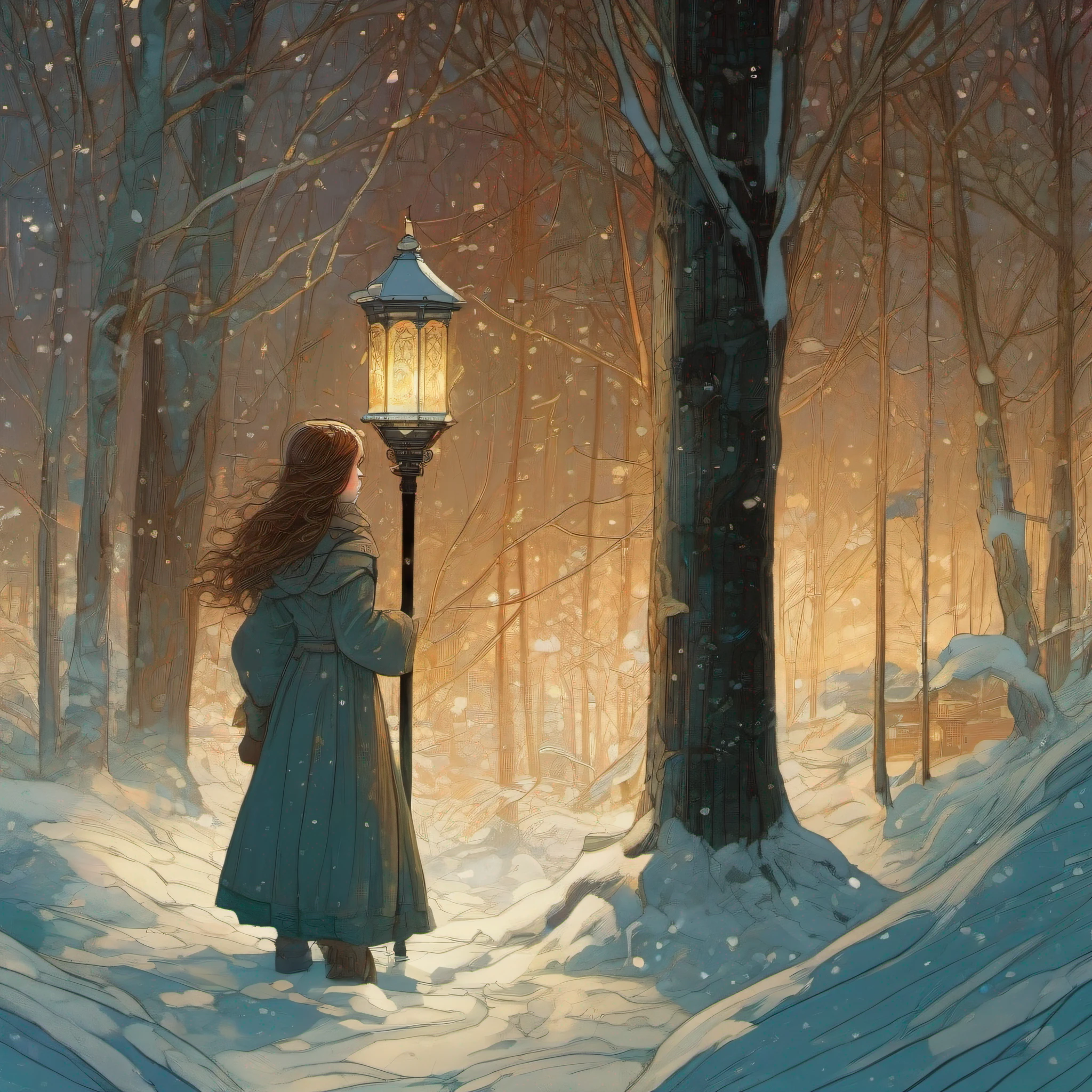 Lucy Pevensie from Narnia is facing a cold snow storm, she looks to a single pole with a lamp lonely in the snow, tall pole, snow cold forest, by Victo Ngai, Sam Guay, Abigail Larson, intricate composition, delicate colors, artsation contest winner, masterpiece