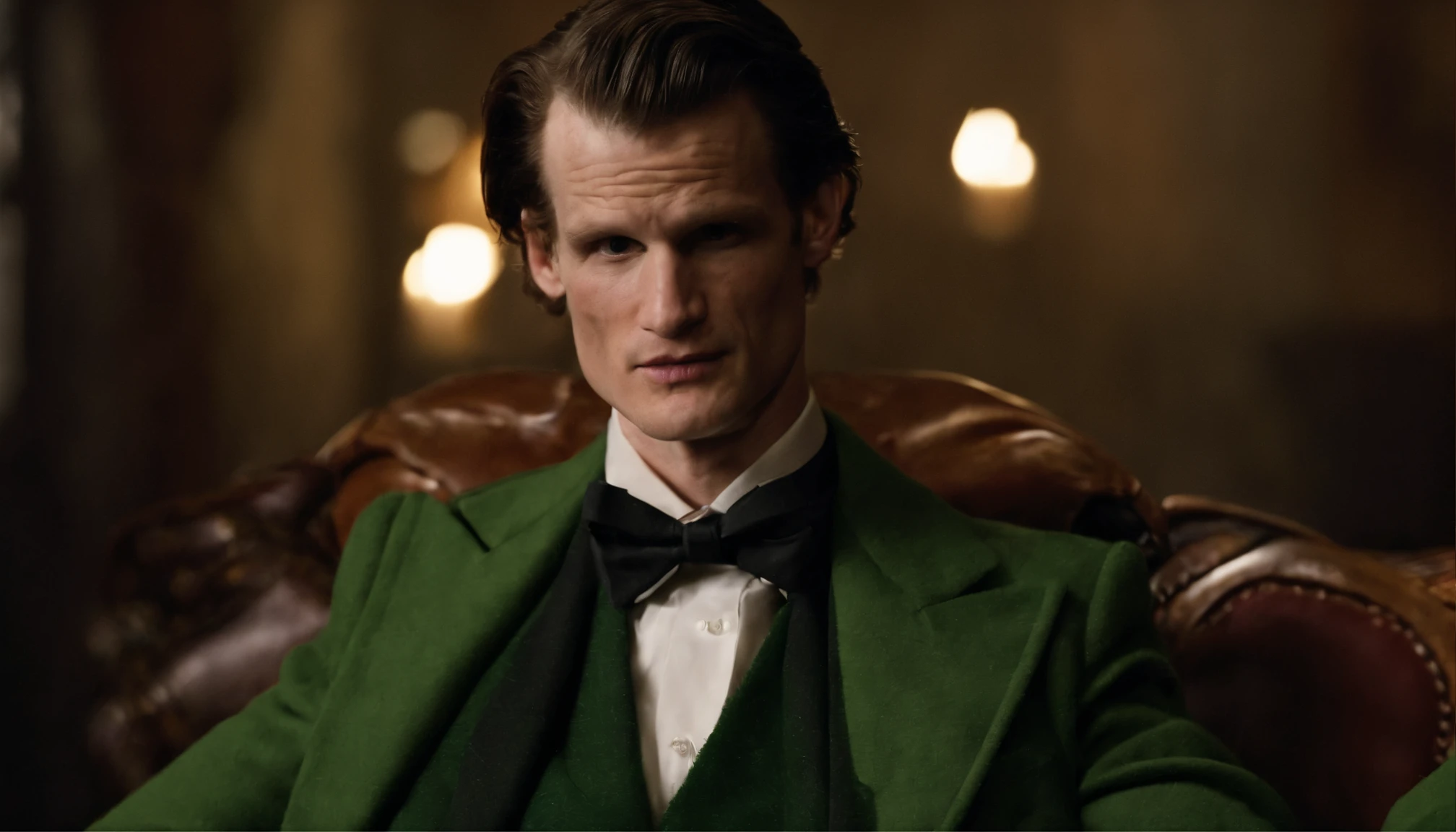 Ator matt smith usando roupa e maquiagem do coringa classico, imagem de corpo inteiro cabelo bem detalhado e sorriso autentico