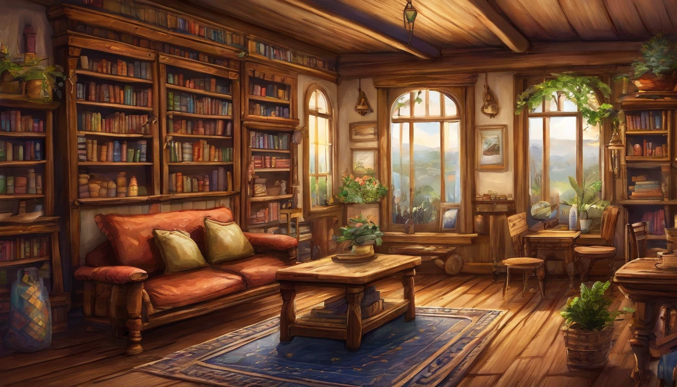 There is a living room,There are a lot of books on the shelves, cozy cafe background, cozy place, cozy environment, designed for cozy aesthetics, Relaxing concept art, cozy home background, Cozy atmosphere, pleasant cozy atmosphere, highly detailed scenario, a multidimensional cozy tavern, cozy and peaceful atmosphere, cozy living room background, cozy environment, cosy atmoshpere, highly detailed environments,Pixel art