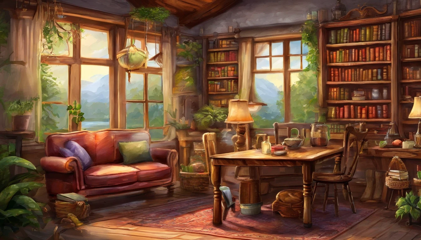 There is a living room，There are a lot of books on the shelves, cozy cafe background, cozy place, cozy environment, designed for cozy aesthetics, Relaxing concept art, cozy home background, Cozy atmosphere, pleasant cozy atmosphere, highly detailed scenario, a multidimensional cozy tavern, cozy and peaceful atmosphere, cozy living room background, cozy environment, cosy atmoshpere, highly detailed environments，Pixel art