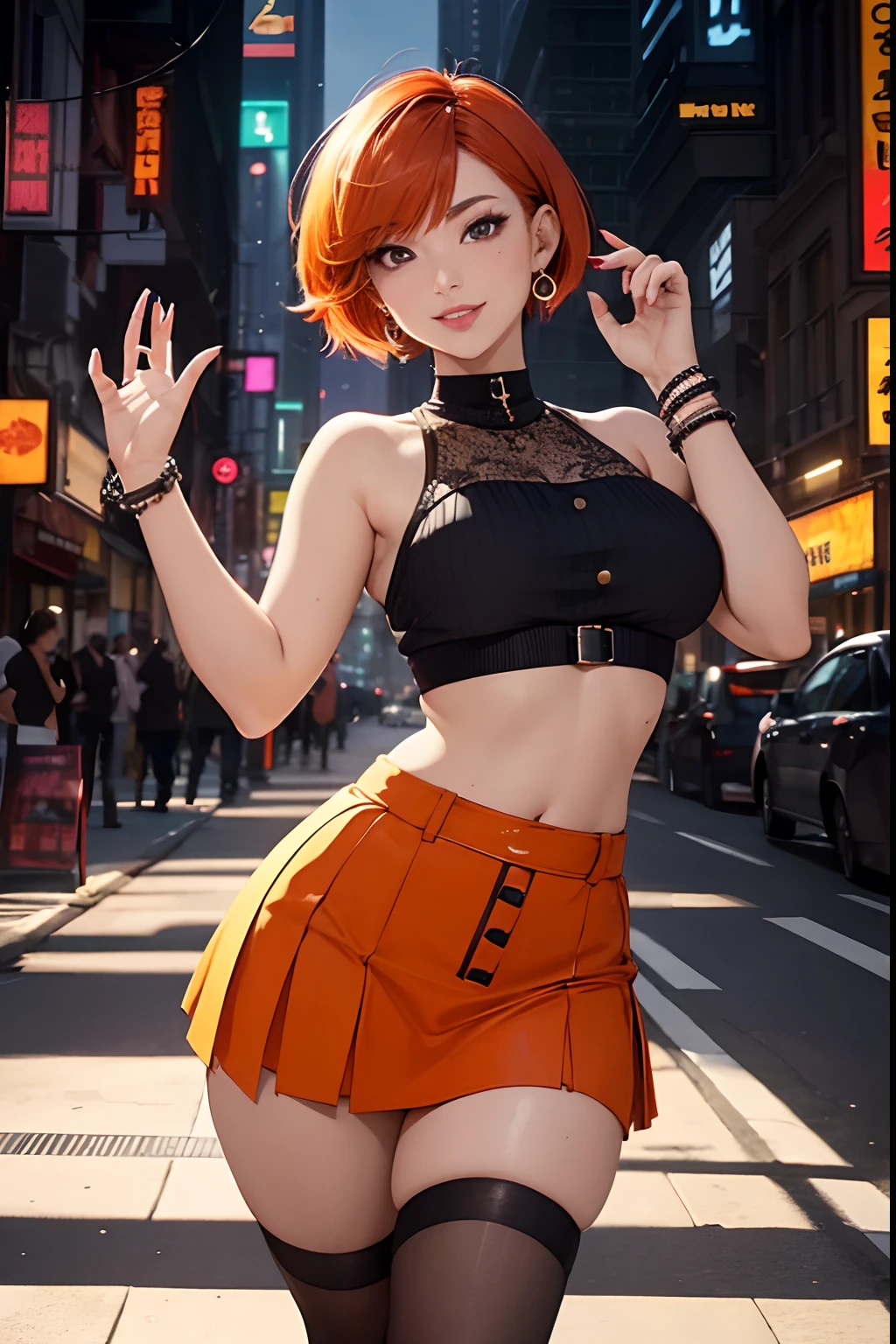(masterpiece, best quality:1.1), full body photography of an charismatic orange short hair Woman, urban woman, holding a purse, curvy body, large waist, orange hair color, cool very short hair, pixie cut hairstyle, ((wearing a dark purple cropped streetwear)), mini skirt, cyberpunk fashion, smiling, cross earrings, blue anime eyes, beautiful eyes, cute, beautiful, gorgeous, cute face, sakimichan , Instagram celebrity, dynamic posing, super intricate and detailed, colored, Multiverse, Sakimichan, cinematographic, shadow hypermaximalist, pink lipstick, charismatic, Goddess, beautiful doll hands, beautiful hands, painted nails, 8k, sunlight, Wearing various black bracelets, white eyes, waving, very happy, arm tattoos