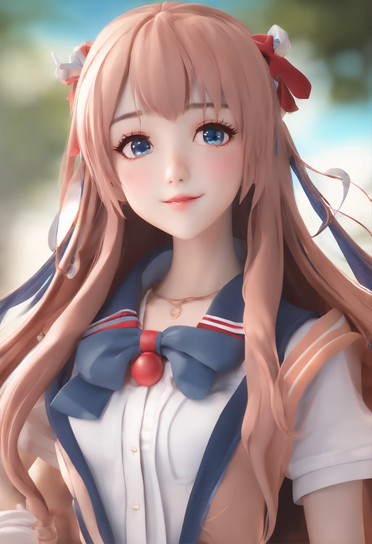 Smile anime girl with long gray hair and big shining blue eyes with a ponytail, anime styled 3d, realistic anime 3 d style, render of a cute 3d anime girl, 3d anime girl, realistic young anime girl, smooth anime cg art, 3 d anime realistic, photorealistic anime girl render, anime style. 8k, realistic anime artstyle, kawaii realistic sailor uniform