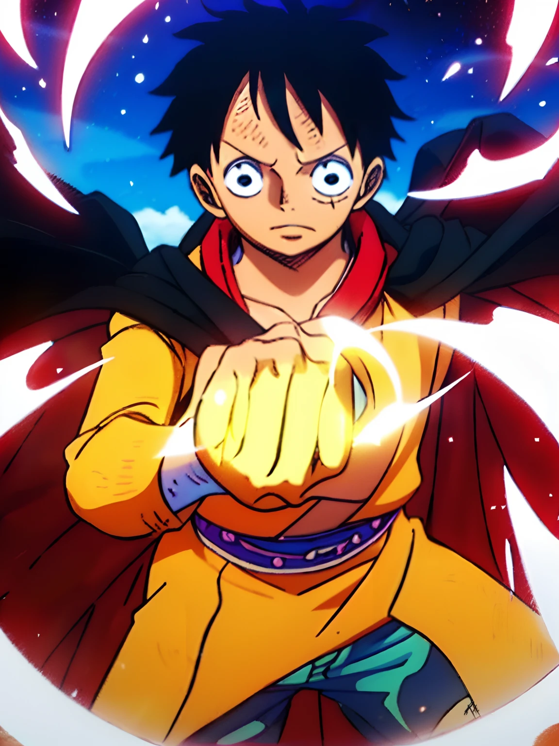 Personagem de anime parado num solo rochoso, straw hat and red open shirt, yellow scarf at waist, 1 , shorts pretos, olhos pretos, Black cape attached to the neck, Luffy de One Piece, Estilo Eiichiro Oda, in the nighttime, luz baixa, Luz Natural, pose de luta, roupas danificadas, pele danificada, Sky background with red full moon, luz baixa, raios de luz, Aura poder, particle floating, olhos zangados, rosto irritado, chateado, olhando para frente, Foco masculino, strong muscles, Closed hands, dedos bem formados, (8k muito detalhado), (melhor qualidade), (melhores sombras).