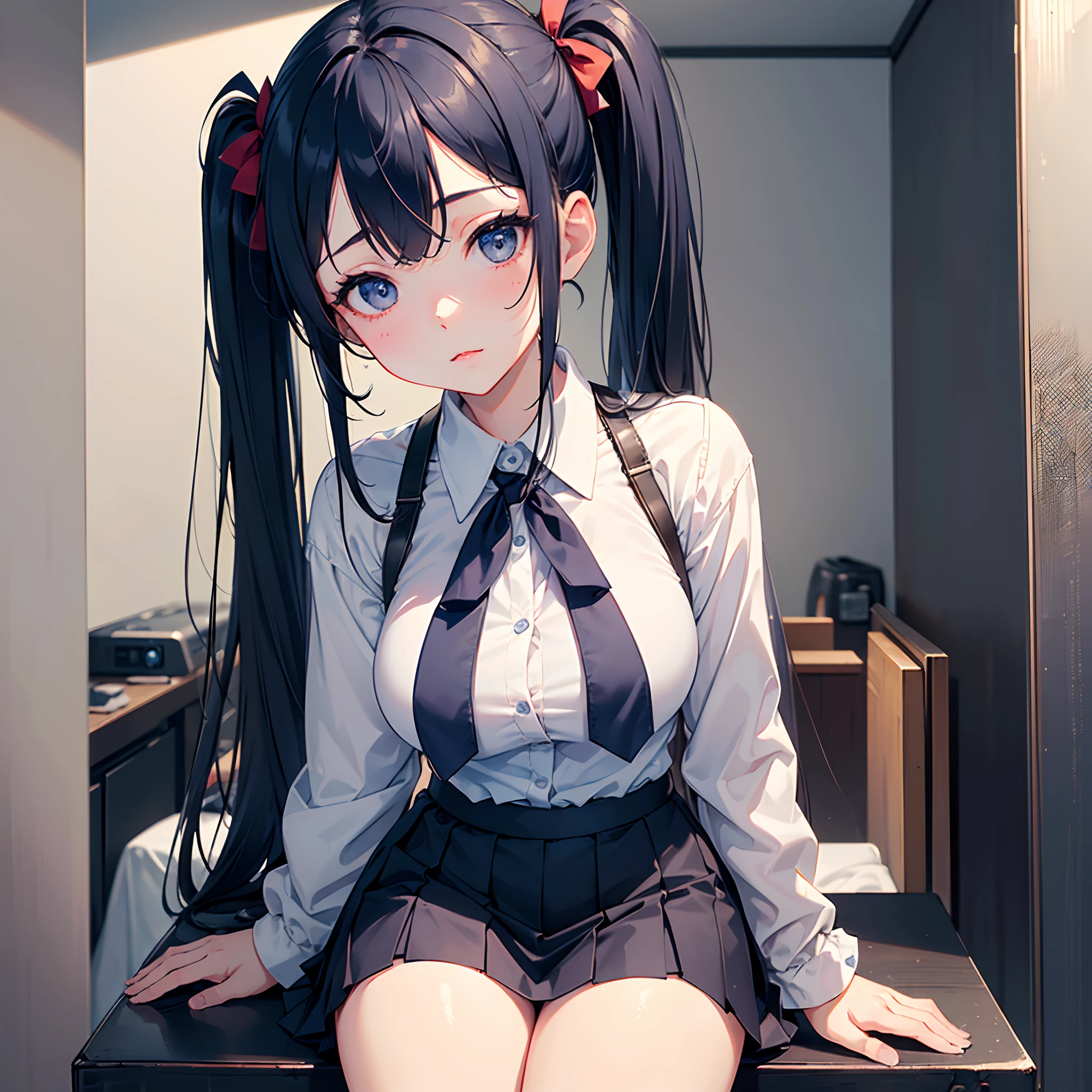 (from above:1.2),(Beautiful Allafed Woman),(((emphasizing breasts:1.0))),(Dynamic angles),(Dynamic and sexy bending pose:1.3),(sit a chair:1.3),(masterpiece:1.2), (Military uniform magazine cover:1.4),best quality,PIXIV,Sweet girl , sexy posture,1girl, (perky chest:1.2), rolling upskirt by wind:1.6, (with sparkling eyes and a contagious smile),open mouth, (pointed chest:1.2),fishnets, black hair, boots, long hair, black nails, skirt, shirt, solo, black footwear, bag, black skirt, jewelry, sitting, jacket, on head, black jacket, thigh strap, bangs, necktie, earrings, nail polish, white shirt, fishnet pantyhose, pantyhose, platform footwear, multicolored hair, looking at viewer, full body, bottle, own hands together, belt, jacket on shoulders, food, animal on head, black necktie, ring, choker, english text, collared shirt, blue eyes, platform boots, hat, cross-laced footwear, lace-up boots ,A scene of cooking in the kitchen