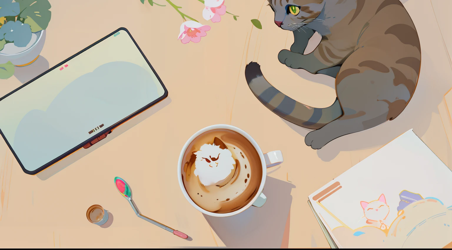 there is a cat sitting on a table next to a cup of coffee, detailed soft painting, sitting on a mocha-colored table, soft digital painting, soft anime illustration, a digital painting, cozy cafe background, morning coffee, procreate illustration, digitally draw on wacom tablet, the cat is drinking tea, digital drawing, add dramatic anime light, still life